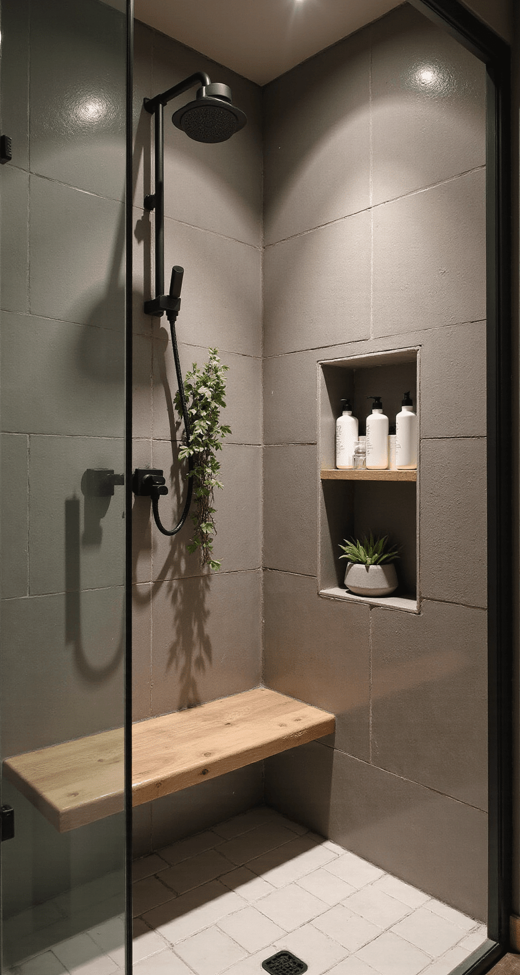 Bathroom Spa Decor Ideas That'll Make You Never Want to Leave (And I'm Not Even Joking) Zen shower sanctuary with natural stone tile walls, corner bench, and atmospheric steam, featuring a matte black oversized rain showerhead, recessed niches with white pump bottles, hanging eucalyptus, teak accessories, and a frameless glass enclosure, all illuminated by warm LED lighting for a spa-like ambiance.