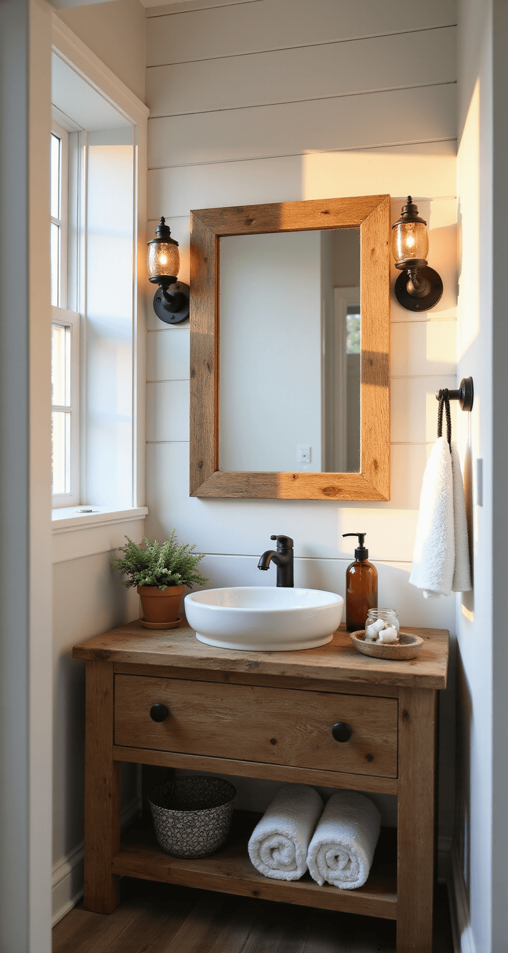 Farmhouse Bathroom Decor Ideas That'll Make You Want to Renovate Right Now A serene farmhouse powder room featuring a white shiplap wainscoting, greige-painted walls, and a weathered oak floating vanity with a white ceramic vessel sink, illuminated by warm natural light and oil-rubbed bronze sconces.