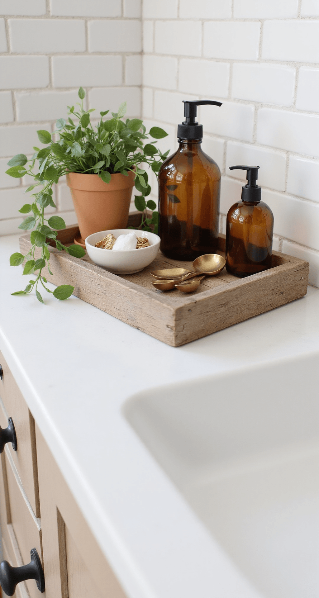 Farmhouse Bathroom Decor Ideas That'll Make You Want to Renovate Right Now Close-up of a farmhouse vanity styled with amber glass containers for hand soap and lotion, a terracotta pot with a pothos vine, and vintage brass measuring spoons against a white quartz countertop, bathed in soft morning light.