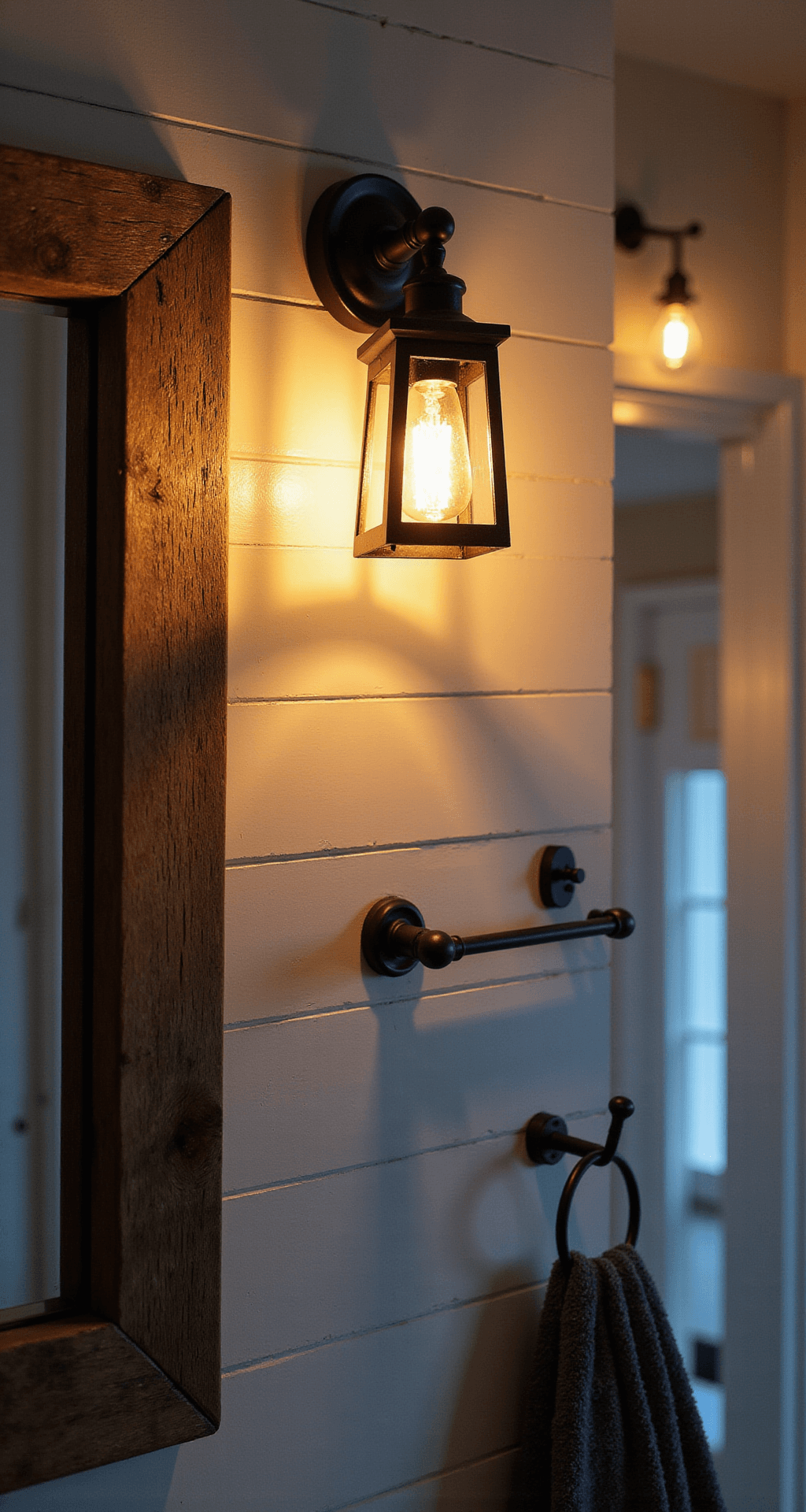 Farmhouse Bathroom Decor Ideas That'll Make You Want to Renovate Right Now Dramatic lighting showcases black metal farmhouse sconces against a white shiplap wall during blue hour, with warm amber light and shadows illuminating a reclaimed barn wood mirror frame, creating a moody and luxurious atmosphere.