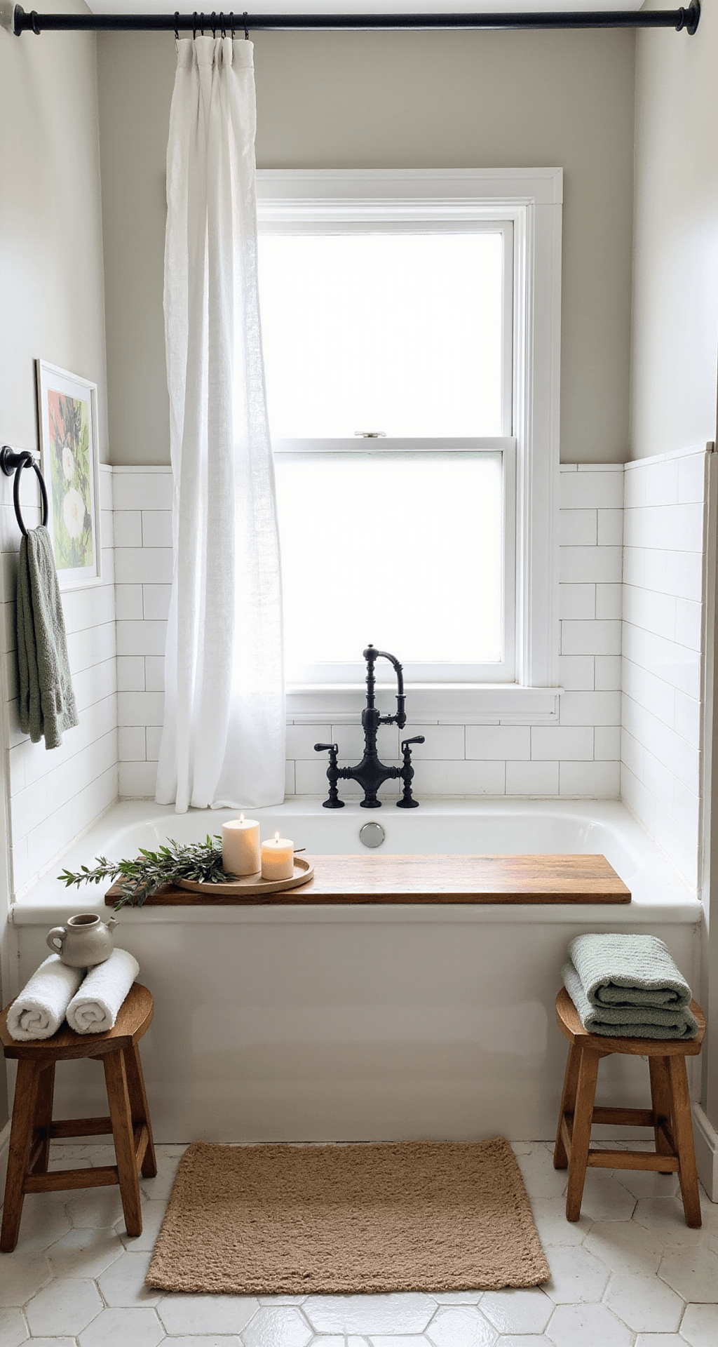 Farmhouse Bathroom Decor Ideas That'll Make You Want to Renovate Right Now Bright bathroom with farmhouse styling featuring a built-in tub surrounded by white subway tile and shiplap, adorned with a wooden caddy, towels, and greenery, set against a sunny backdrop from a large frosted window.