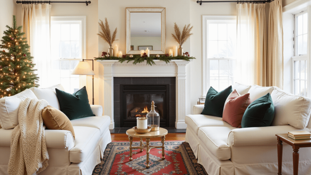 Anthropologie-Inspired Christmas Decor: How I Transformed My Home Into a Whimsical Winter Wonderland Elegant Christmas living room styled in Anthropologie decor, featuring a white mantel with faux cedar garland and brown accents, cozy textiles, warm lighting, and vintage details, creating a whimsical winter wonderland atmosphere.
