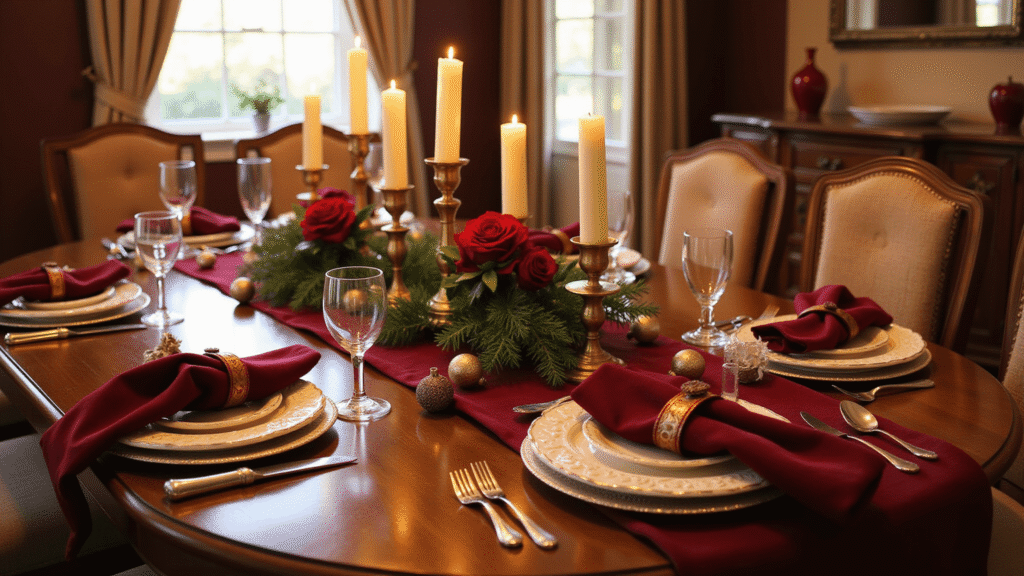 Christmas Table Decor Ideas That'll Make Your Guests Stop Mid-Conversation A warm dining room set for Christmas with a burgundy linen runner on a mahogany table, featuring cream and gold place settings, a red rose and pine centerpiece, brass candlesticks with ivory candles, and a soft glow from natural light and candlelight, creating an inviting holiday atmosphere.