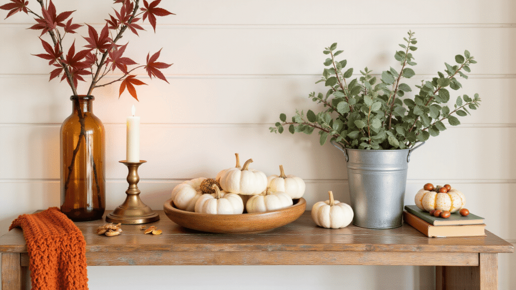 Simple Fall Decor Ideas That'll Make Your Home Pinterest-Worthy (Without Breaking the Bank) Warmly lit autumn vignette featuring a rustic wooden console table adorned with pumpkins, candles, eucalyptus, and vintage decor, set against a cream shiplap wall.