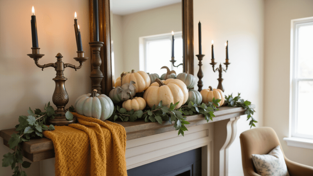 Fall Halloween Decor That Works From September Through October (Without Looking Like a Spirit Store Exploded) Elegant fall mantelscape featuring heirloom pumpkins, black candles, and autumn decor in warm golden hour lighting.