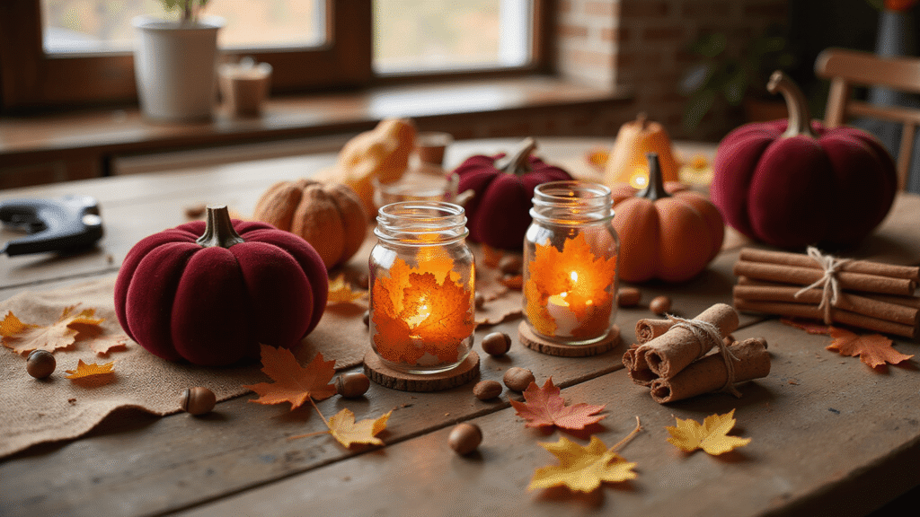 Fall Decor DIY Crafts That'll Transform Your Home Without Emptying Your Wallet Cinematic close-up of a handcrafted fall decor arrangement featuring burgundy velvet pumpkins, golden acorns, and pressed autumn leaves on a rustic wood table, illuminated by warm golden hour lighting.