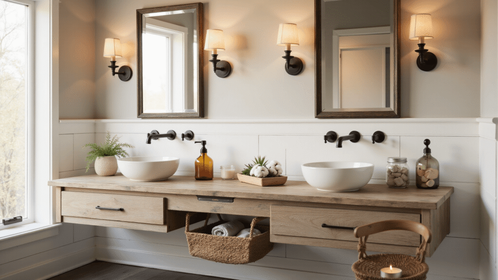 Farmhouse Bathroom Decor Ideas That'll Make You Want to Renovate Right Now Cinematic farmhouse bathroom with shiplap wainscoting, weathered oak vanity, amber lighting, and cozy decor, creating a warm and inviting atmosphere.