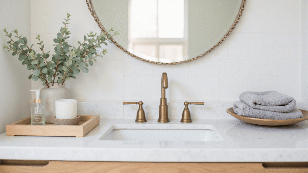 Bathroom Table Decor: Your Complete Guide to Creating Pinterest-Worthy Bathroom Styling Cinematic bathroom vanity scene featuring a white quartz countertop with a light oak tray holding a glass soap dispenser, ceramic candle, and eucalyptus stems, complemented by dove gray hand towels and a river stone accent, all bathed in soft morning light with a minimalist composition.