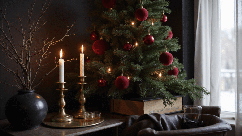 Moody Christmas Decor: How I Transformed My Home Into a Dark, Romantic Winter Wonderland Cinematic Christmas living room corner featuring burgundy velvet ornaments on a dark evergreen tree, antique brass candlesticks, and warm amber LED lights against deep charcoal walls, creating an intimate and cozy atmosphere.