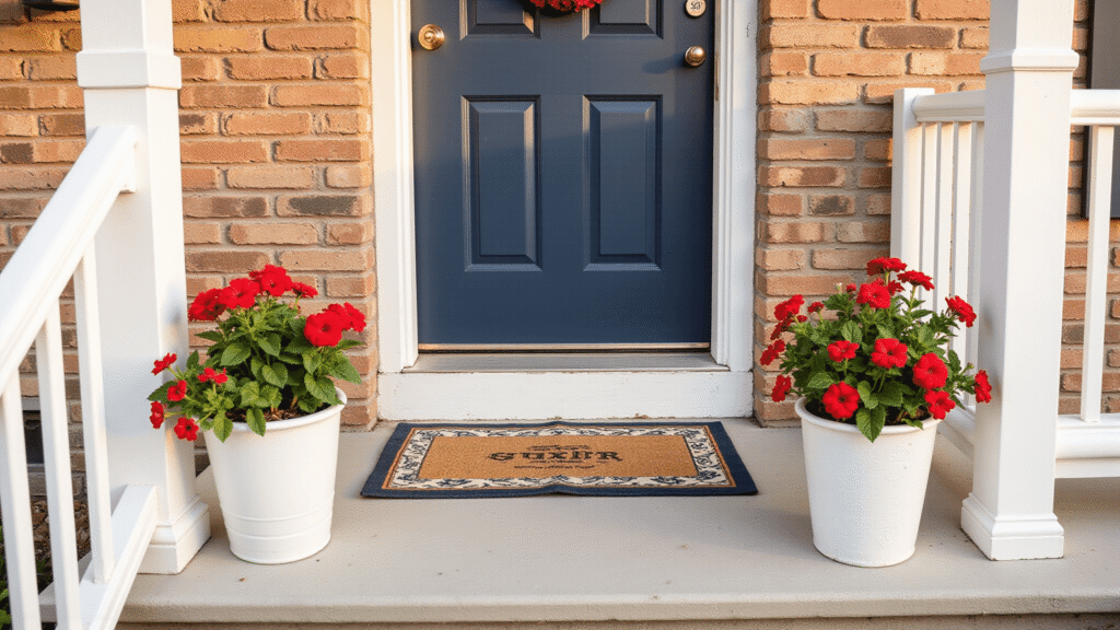 Small Porch Decorating Ideas That Actually Work (Without Breaking the Bank) A cozy front porch with a navy blue door adorned with a seasonal wreath, layered jute and patterned doormats, white ceramic planters full of red geraniums and petunias, surrounded by gleaming concrete steps and weathered brick accents, all bathed in warm golden hour sunlight.