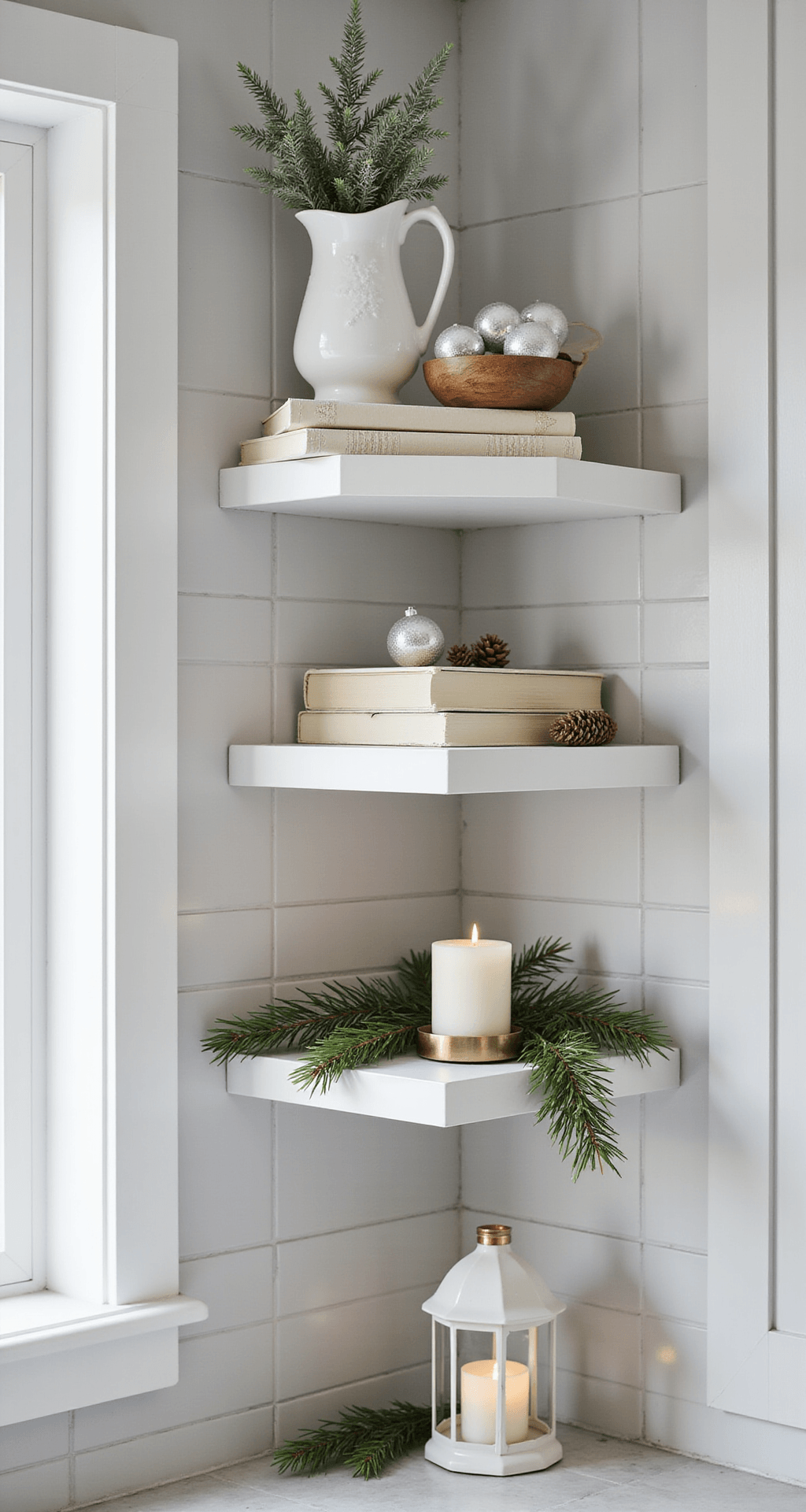 Christmas Shelf Decor That'll Make Your Guests Ask "Wait, Did Pinterest Explode in Here?" Photorealistic image of three elegantly styled white floating kitchen shelves for Christmas, featuring a mini flocked tree, ceramic pitcher with pine branches, stacked cream books, and a lantern, all illuminated by soft morning light against a gray subway tile backsplash.