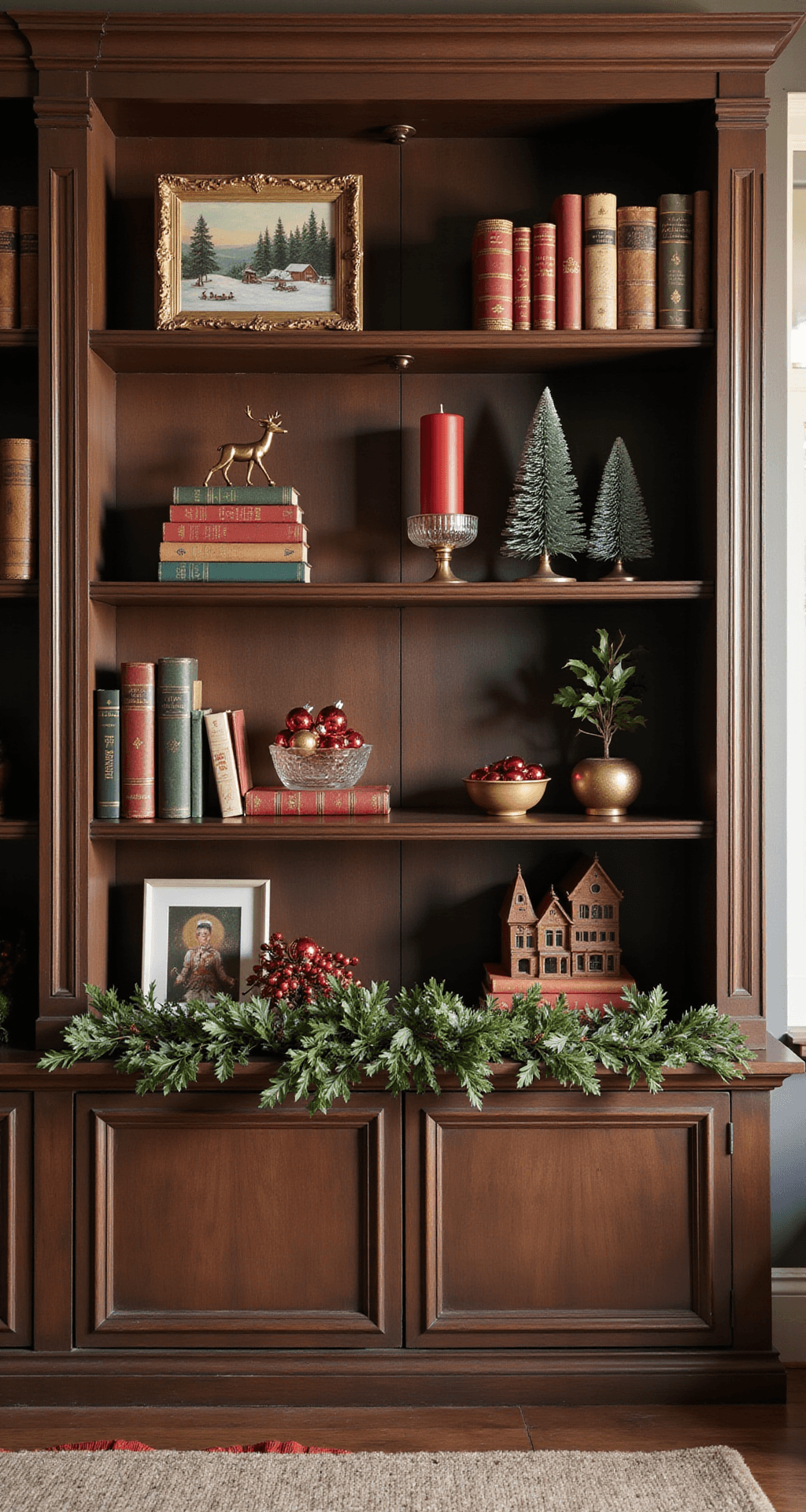 Christmas Shelf Decor That'll Make Your Guests Ask "Wait, Did Pinterest Explode in Here?" Photorealistic image of a dark wood bookcase styled with classic Christmas decor in red and green, featuring vintage framed artwork, mini Christmas trees, leather-bound books, and festive ornaments, all illuminated by warm golden hour light, creating a cozy holiday ambiance.