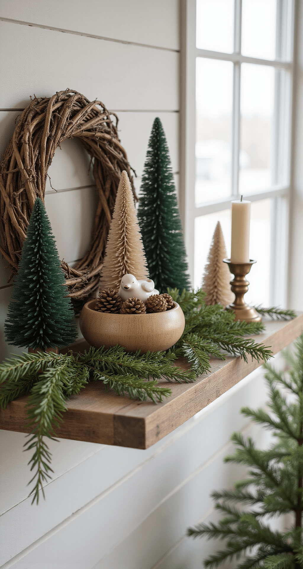 Christmas Shelf Decor That'll Make Your Guests Ask "Wait, Did Pinterest Explode in Here?" Close-up detail of a rustic floating shelf vignette featuring a grapevine wreath, bottle brush trees, a wooden bowl with pinecones, and a brass candlestick, all set against a white shiplap wall, illuminated by soft morning light.