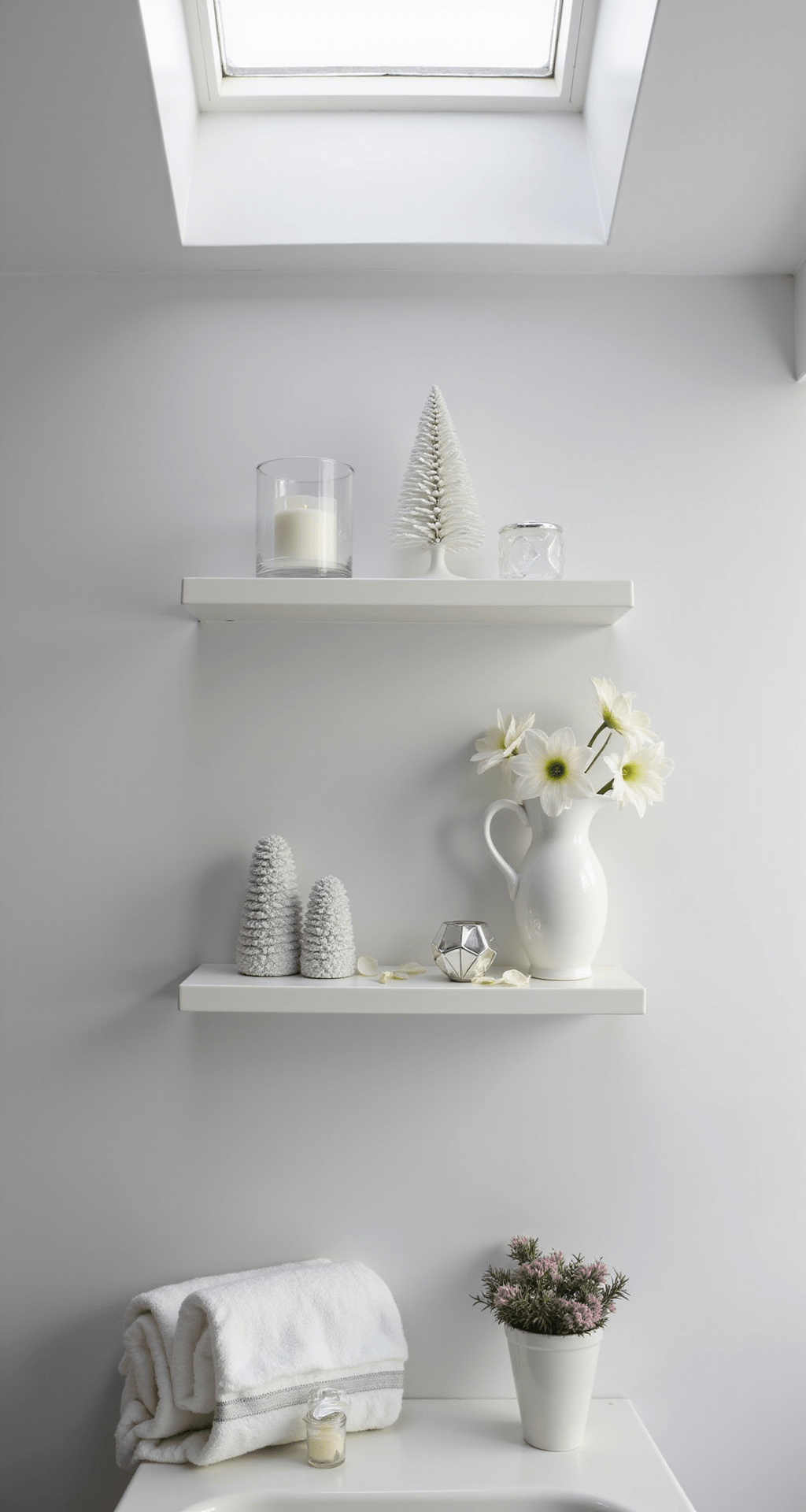 Christmas Shelf Decor That'll Make Your Guests Ask "Wait, Did Pinterest Explode in Here?" Photorealistic shot of modern bathroom floating shelves decorated for Christmas, featuring white lacquer shelves against soft gray walls, adorned with minimalistic holiday accents in a monochromatic palette of whites and silvers, including a ceramic Christmas tree, glass votive holder, and a white amaryllis in a porcelain pitcher.