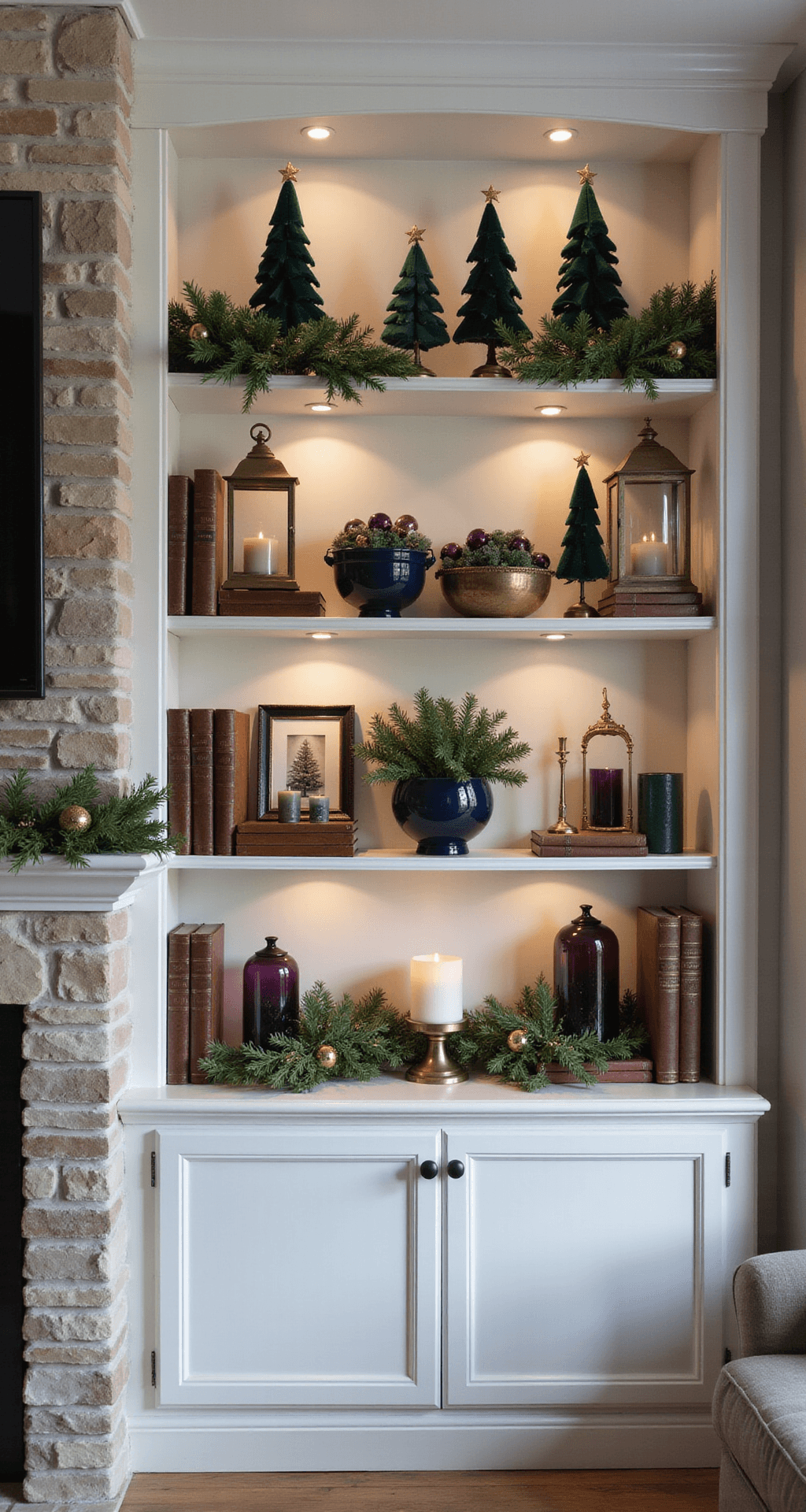 Christmas Shelf Decor That'll Make Your Guests Ask "Wait, Did Pinterest Explode in Here?" Photorealistic cozy living room featuring custom white built-in shelving styled for Christmas, adorned with jewel tones of navy, emerald, and plum, flanking a stone fireplace. Evening lighting highlights rich decorations, including mini trees, leather books, and brass lanterns, creating a sophisticated holiday atmosphere.