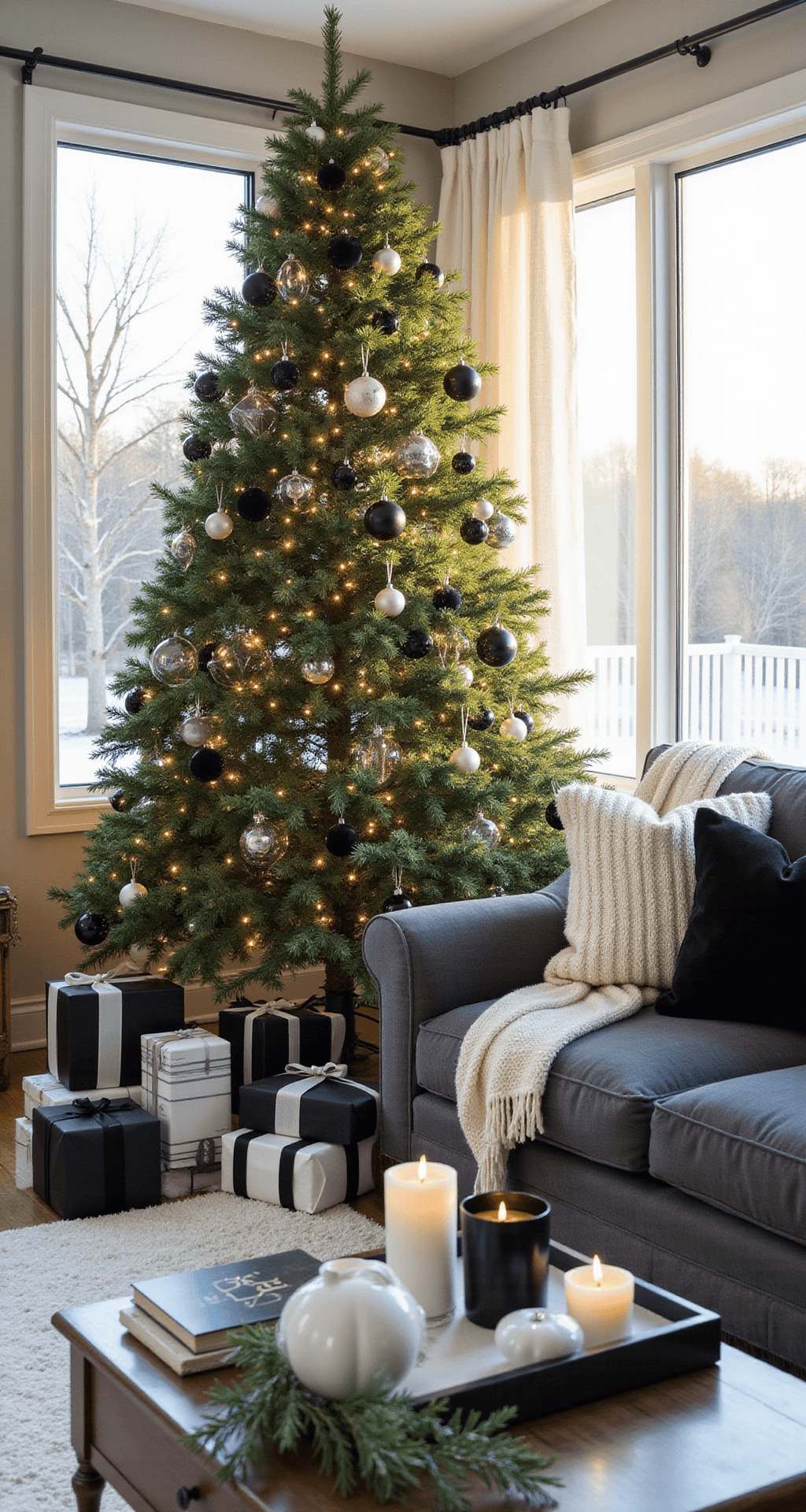 Black and White Christmas Decor: The Modern Monochrome Holiday Look That Actually Works Sophisticated living room Christmas scene featuring a 9-foot green tree adorned with black and white ornaments, warm string lights, and geometric gift arrangements on a plush white rug, captured in golden hour light.
