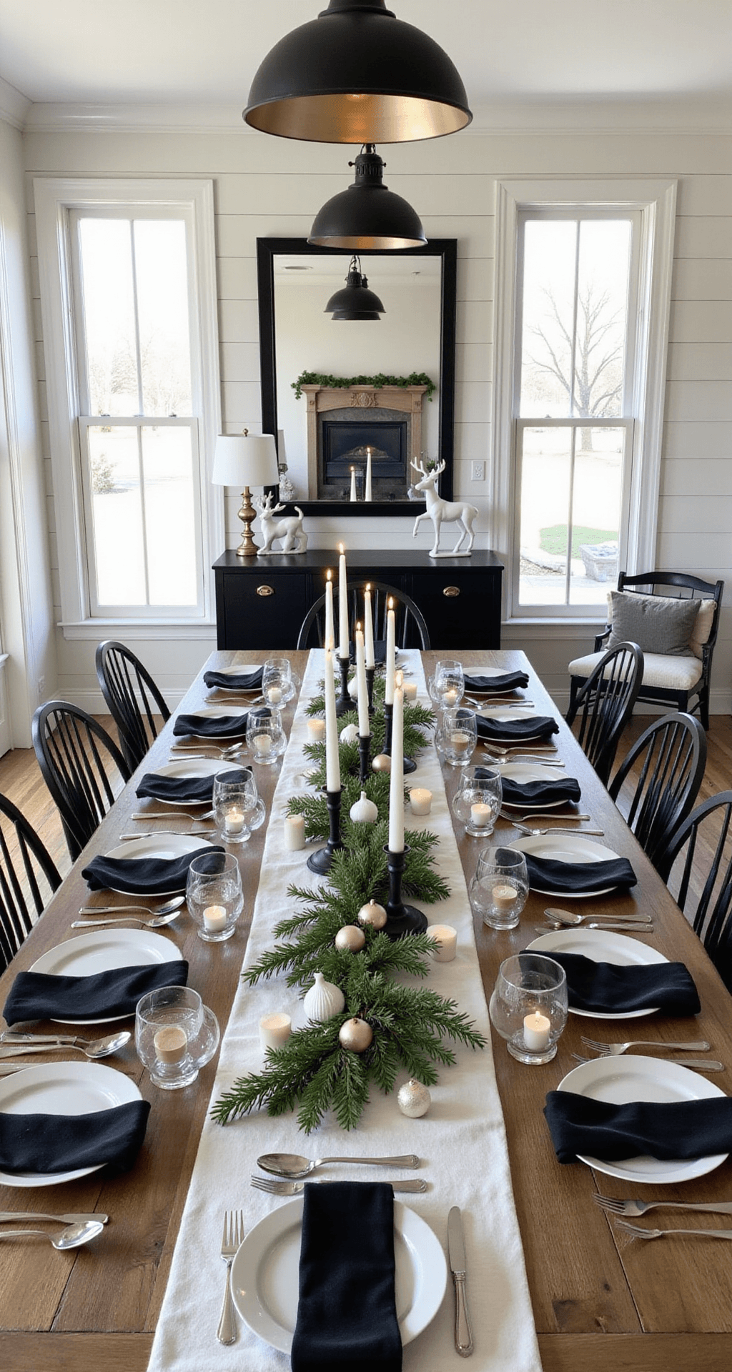 Black and White Christmas Decor: The Modern Monochrome Holiday Look That Actually Works An elegantly styled Christmas dinner table viewed from above, featuring a rustic wood table with a white linen runner, black ceramic charger plates, white porcelain dinnerware, and brushed silver flatware. The centerpiece includes white taper candles in black iron candlesticks, fresh pine garland with black velvet ribbon, and white ceramic ornament balls, while black Windsor chairs surround the table. A large black-framed mirror reflects candlelight, and natural light illuminates the scene.