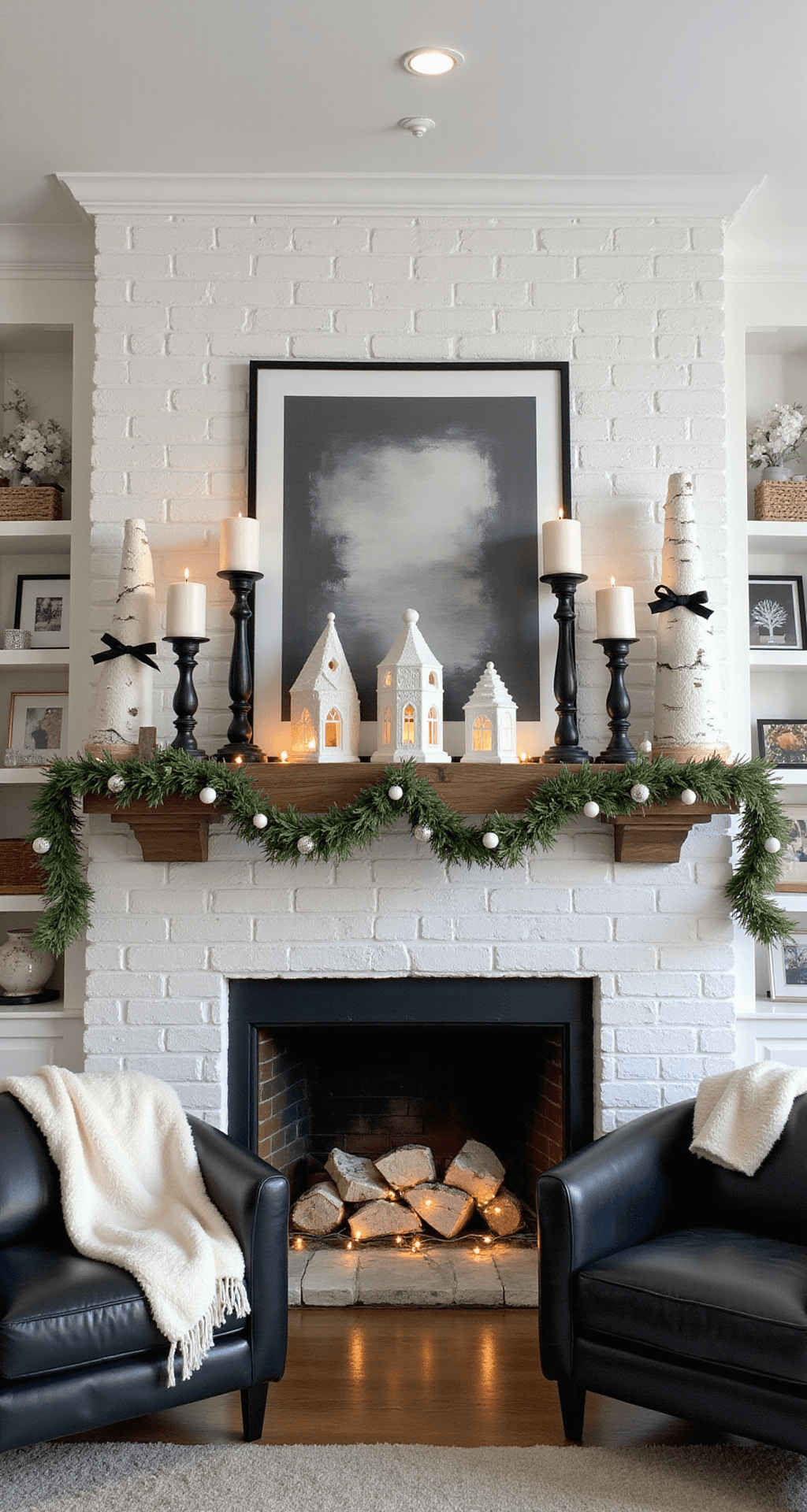 Black and White Christmas Decor: The Modern Monochrome Holiday Look That Actually Works A contemporary living room featuring a white brick fireplace with a thick wooden mantel, adorned with black iron candlesticks, white pillar candles, magnolia garland, ceramic Christmas village houses, and a tall white Christmas tree, all captured during the blue hour with warm lighting.