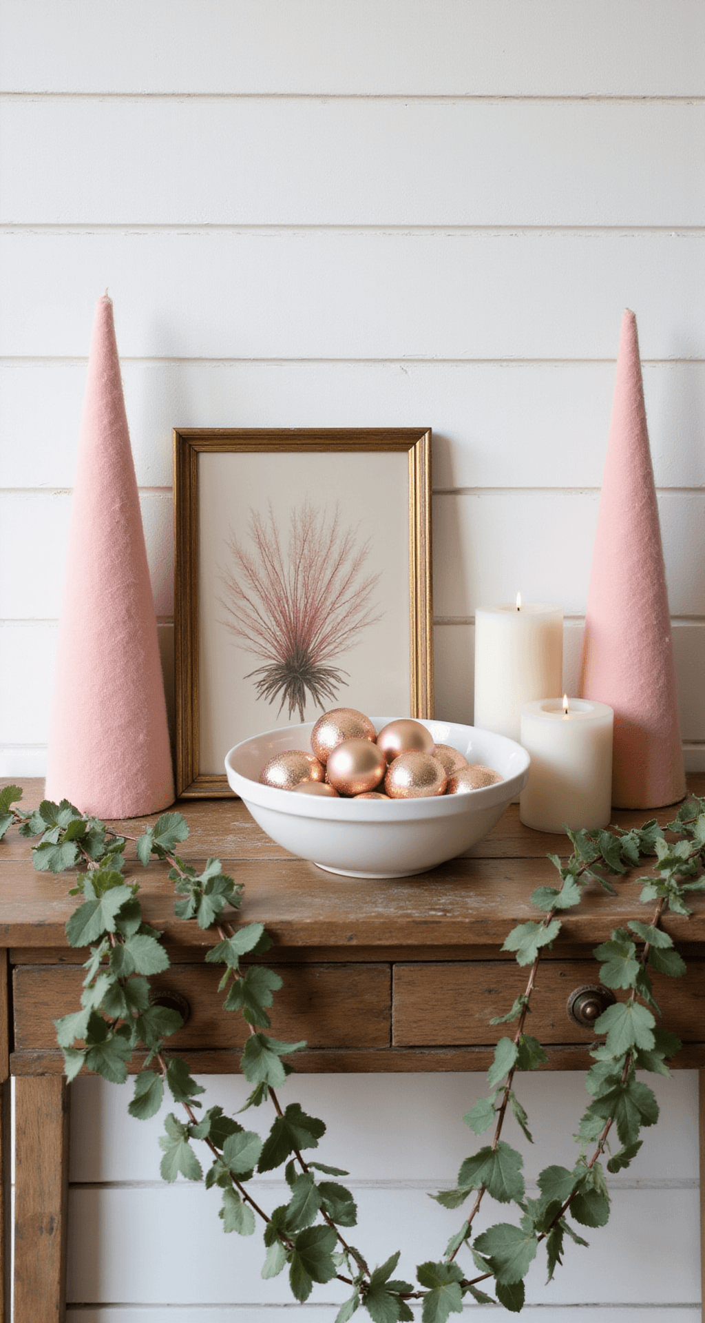 Pink Christmas Decor: How I Transformed My Living Room Into a Cozy Winter Wonderland Intimate close-up of a console table styled with pink bottle brush trees, ivory candles, and a ceramic bowl of rose gold ornaments against a white shiplap wall, illuminated by warm morning light.