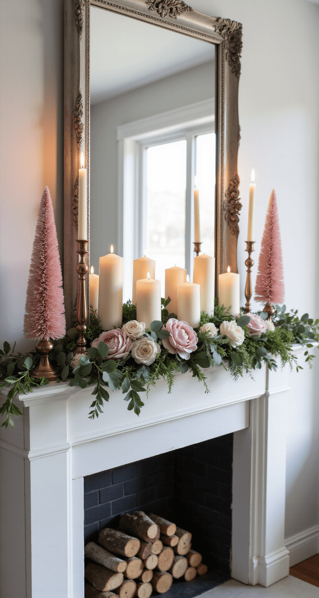 Pink Christmas Decor: How I Transformed My Living Room Into a Cozy Winter Wonderland Elegant mantelpiece adorned with asymmetrical garland of eucalyptus, dusty miller, pink peonies, and white ranunculus, featuring lit ivory pillar candles and rose gold candlesticks, set against a warm white wall with a large mirror reflecting soft afternoon light.