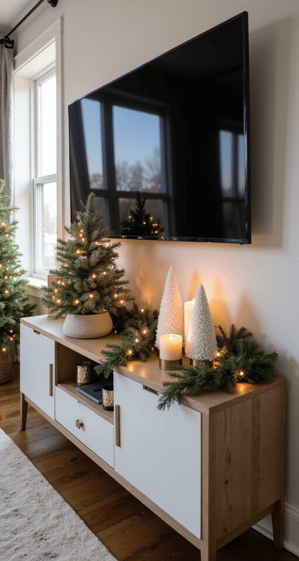 How I Transformed My TV Stand Into a Cozy Christmas Centerpiece (And You Can Too) Wide-angle shot of a modern living room during golden hour, featuring a black mounted TV above a white oak console adorned with cascading pine garland and fairy lights. Off-center left, a mini flocked Christmas tree and, on the right, a cluster of white ceramic bottle brush trees. Cream pillar candles in mercury glass holders add warmth, with a color palette of deep greens, golds, and whites, softly illuminated by window light.