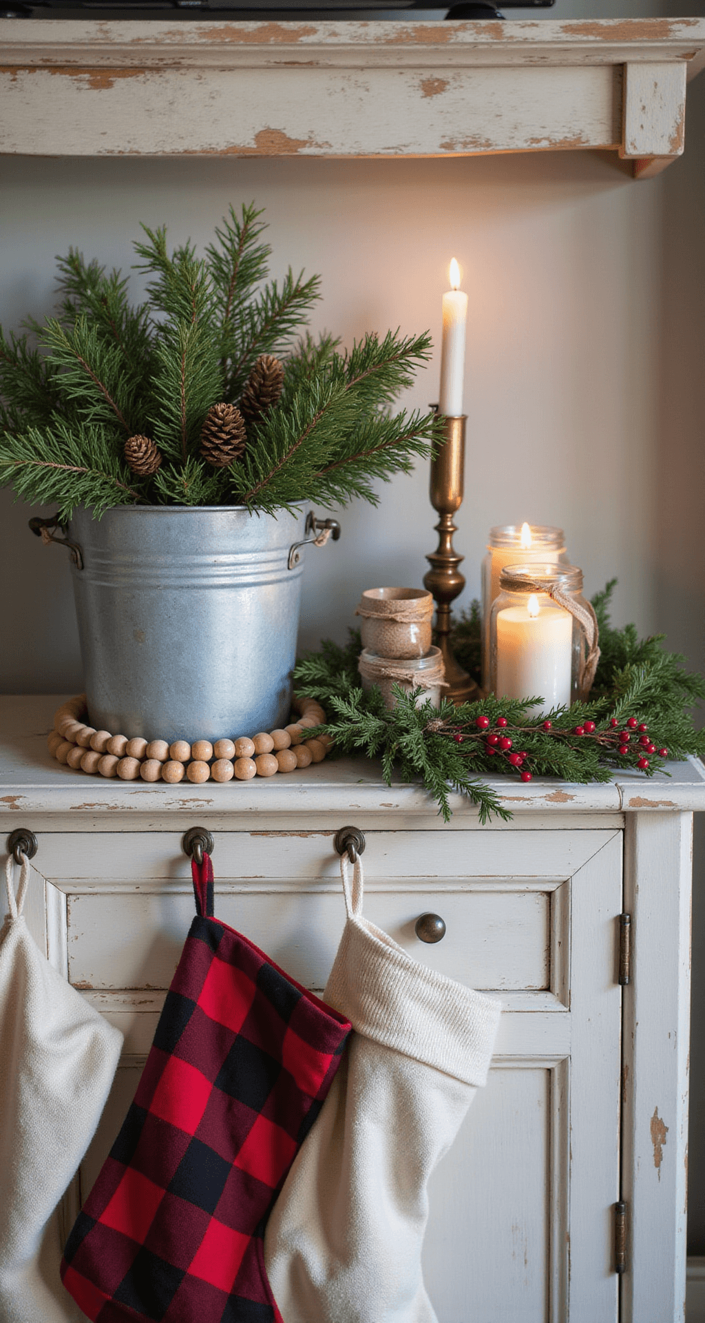 How I Transformed My TV Stand Into a Cozy Christmas Centerpiece (And You Can Too) Close-up of a farmhouse-style TV console decorated for Christmas, featuring weathered wood, red and cream buffalo check stockings, a galvanized bucket with pine branches, a wooden bead garland, mason jar candles with burlap, and eucalyptus mixed with red berries, all captured in warm afternoon light.