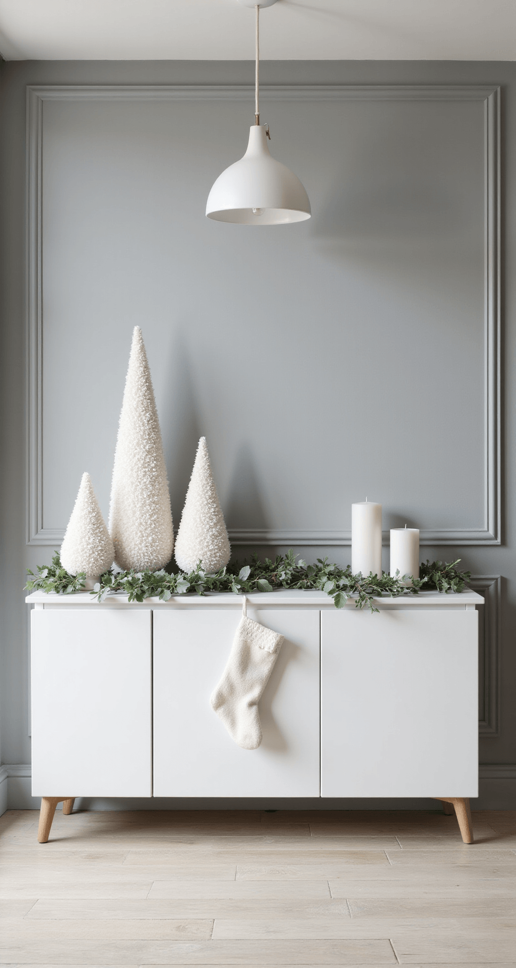 How I Transformed My TV Stand Into a Cozy Christmas Centerpiece (And You Can Too) Elegant minimalist Scandinavian TV stand styled for Christmas, featuring a white lacquered console against a soft gray wall, adorned with ceramic bottle brush trees, eucalyptus garland, taper candles, and a cream wool stocking, all bathed in morning light.