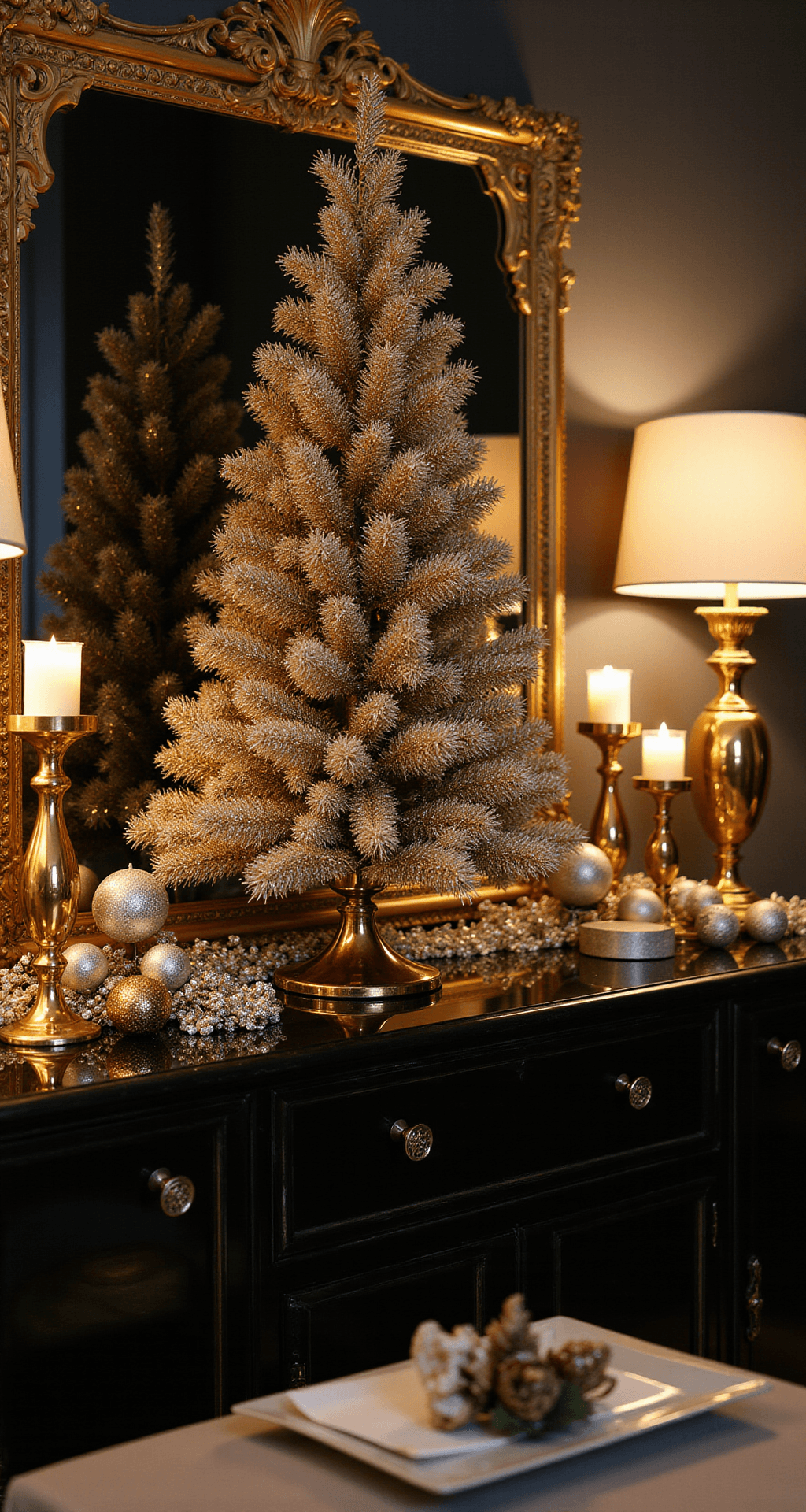 How I Transformed My TV Stand Into a Cozy Christmas Centerpiece (And You Can Too) Luxurious metallic Christmas TV console styled with gold accents, high-gloss black lacquer reflecting warm lighting, adorned with gold-dusted garland and a striking gold mercury glass tree, all against deep black and charcoal tones, creating an elegant holiday ambiance.