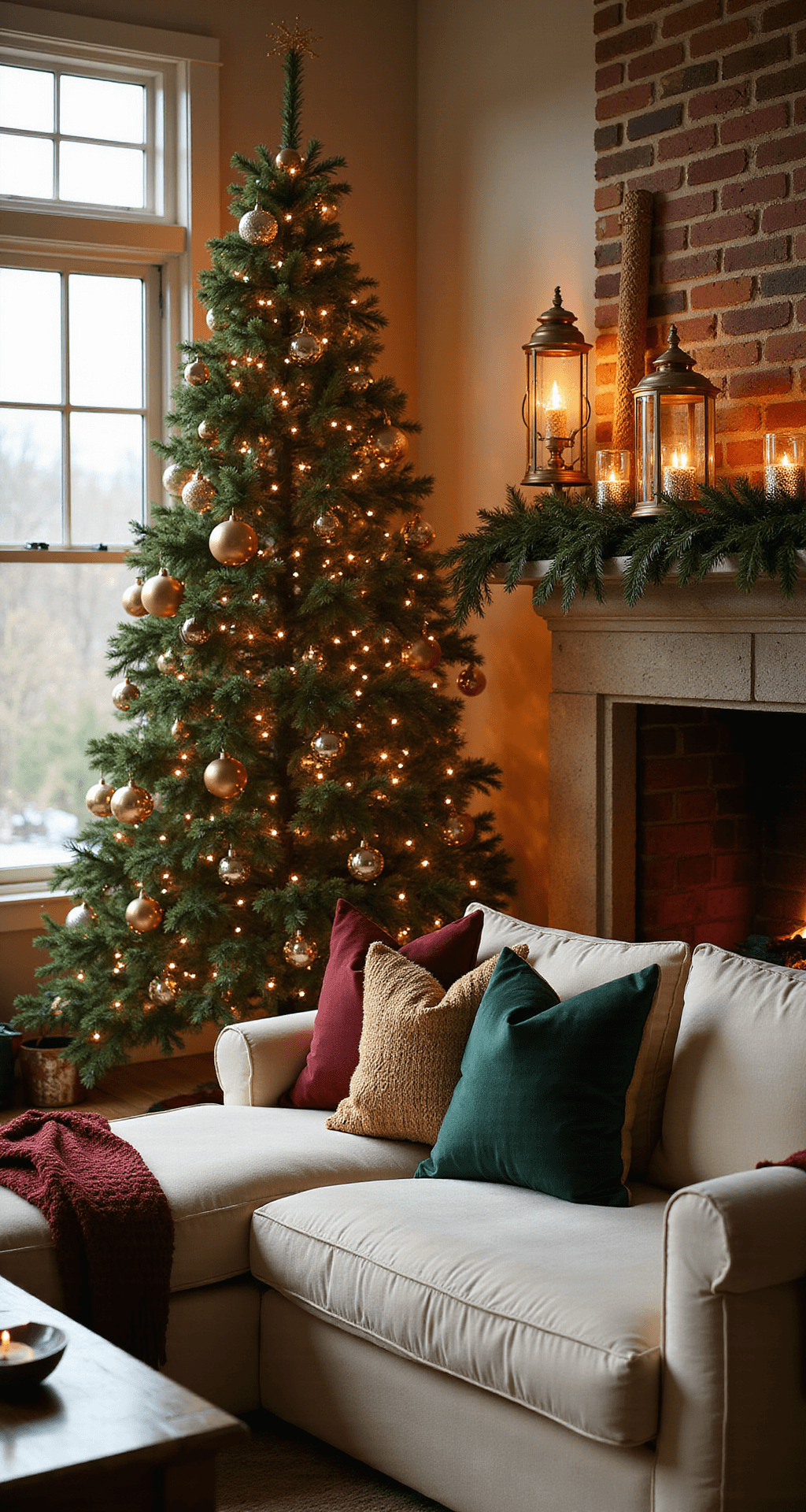 Home Christmas Decor That'll Make Your Neighbors Jealous (Without Breaking the Bank) A cozy living room lit by golden hour light, featuring a decorated 7-foot Fraser fir Christmas tree beside a brick fireplace, adorned with deep emerald green, burgundy, and gold ornaments, and warm white LED lights. A stone mantel decorated with pine garland and brass lanterns complements a cream sectional sofa with forest green and gold throw pillows, creating a festive, inviting atmosphere.