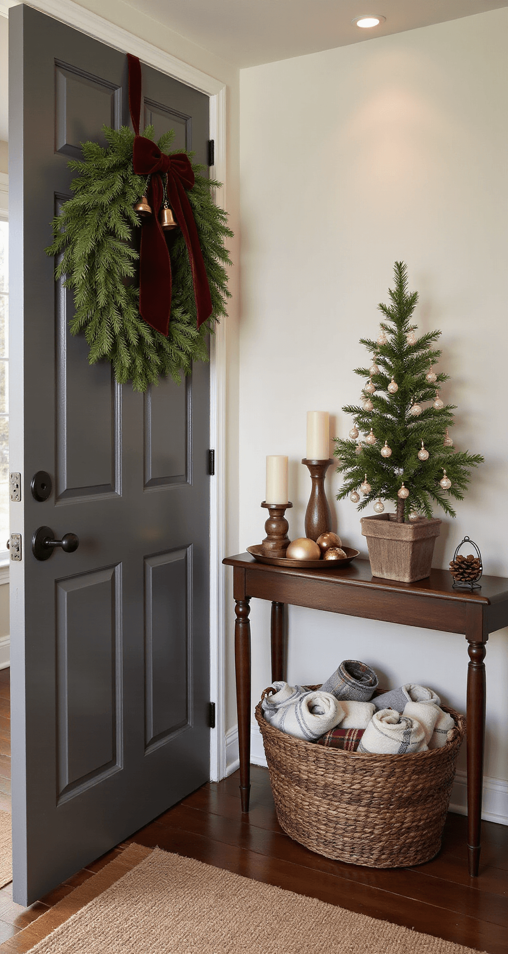 Home Christmas Decor That'll Make Your Neighbors Jealous (Without Breaking the Bank) An elegant entryway featuring a charcoal gray front door adorned with a mixed pine and cedar wreath, burgundy velvet ribbon, and antique brass jingle bells, alongside a dark walnut console table displaying a brass tray of metallic ornaments, tall ivory pillar candles, and a small decorated tabletop tree, all illuminated by warm recessed lighting.