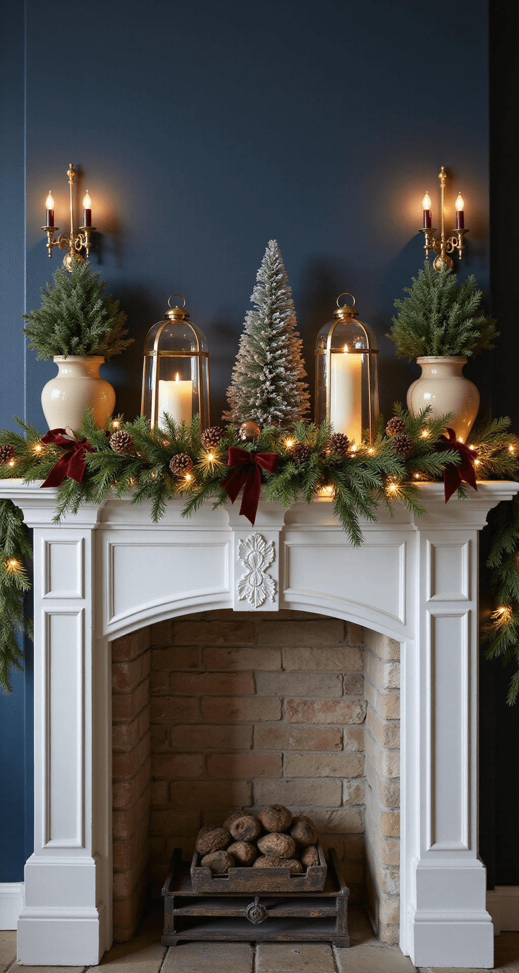 Home Christmas Decor That'll Make Your Neighbors Jealous (Without Breaking the Bank) A beautifully styled Christmas mantelpiece featuring a white wood mantel above a stone fireplace, adorned with a noble fir and eucalyptus garland, warm string lights, brass lanterns, vintage candlesticks, and festive ornaments, all set against rich navy walls.