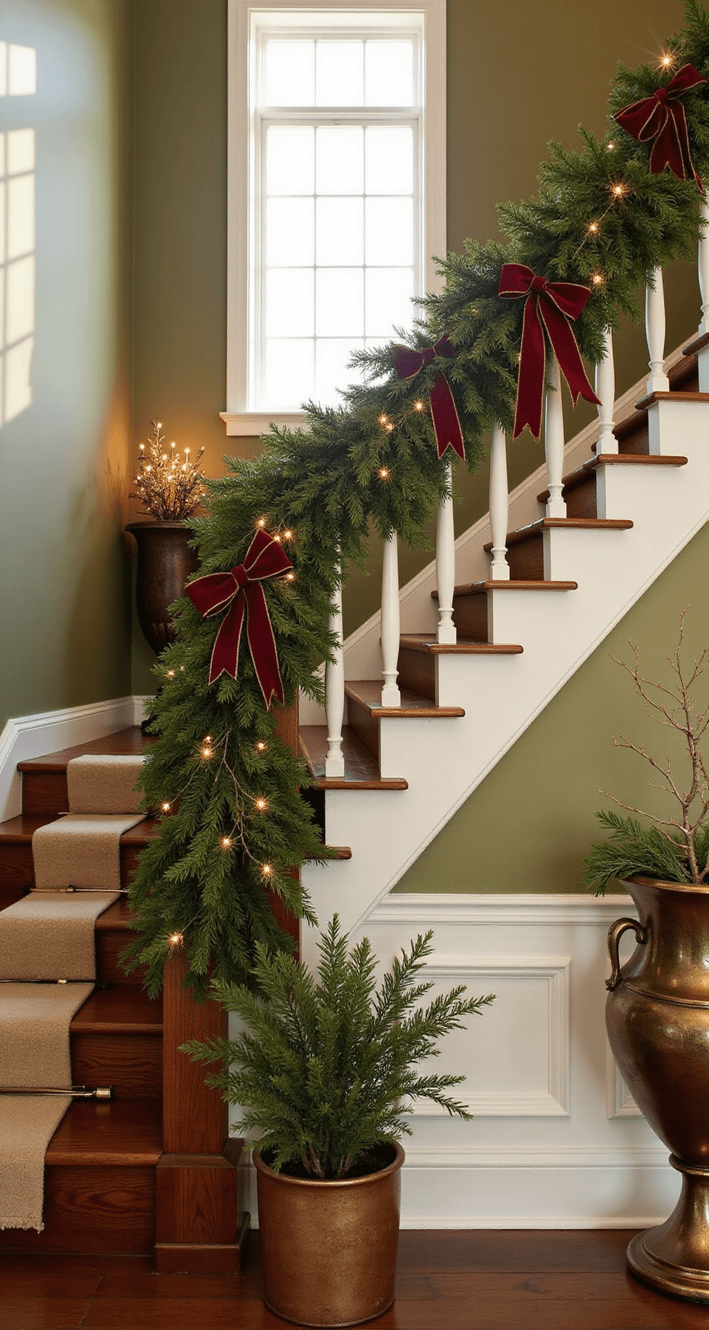 Home Christmas Decor That'll Make Your Neighbors Jealous (Without Breaking the Bank) A beautifully decorated staircase for Christmas, featuring a dark mahogany bannister wrapped in mixed pine garland with warm white LED lights, deep burgundy velvet bows, and a cream wool runner, all bathed in natural light from a tall window.