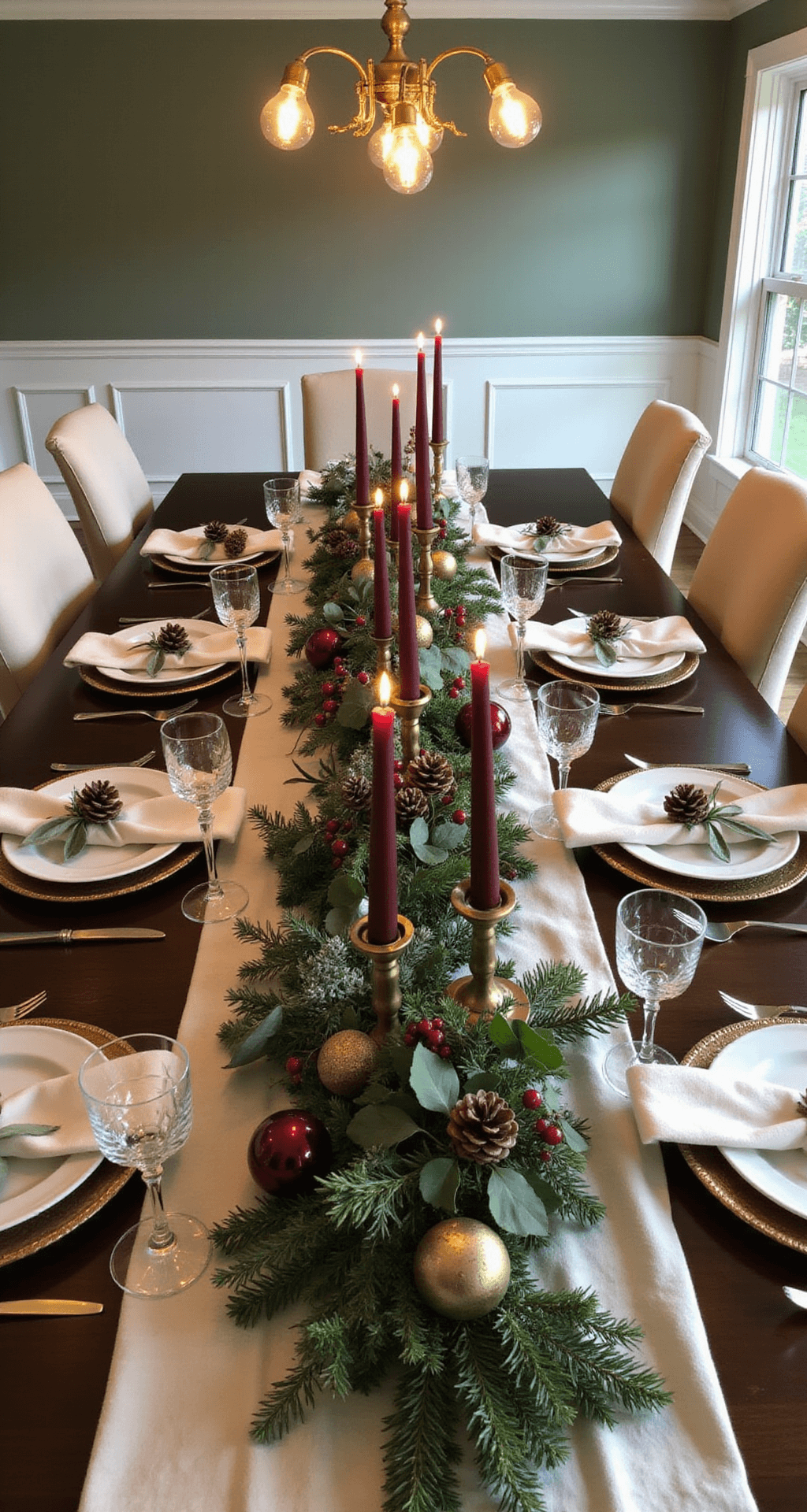 Home Christmas Decor That'll Make Your Neighbors Jealous (Without Breaking the Bank) Elegant Christmas dining room tablescape featuring a dark walnut table with a cream linen runner, lush garland centerpiece, burgundy taper candles in brass candlesticks, white ceramic place settings, and soft candlelight, set against sage green walls and white wainscoting.