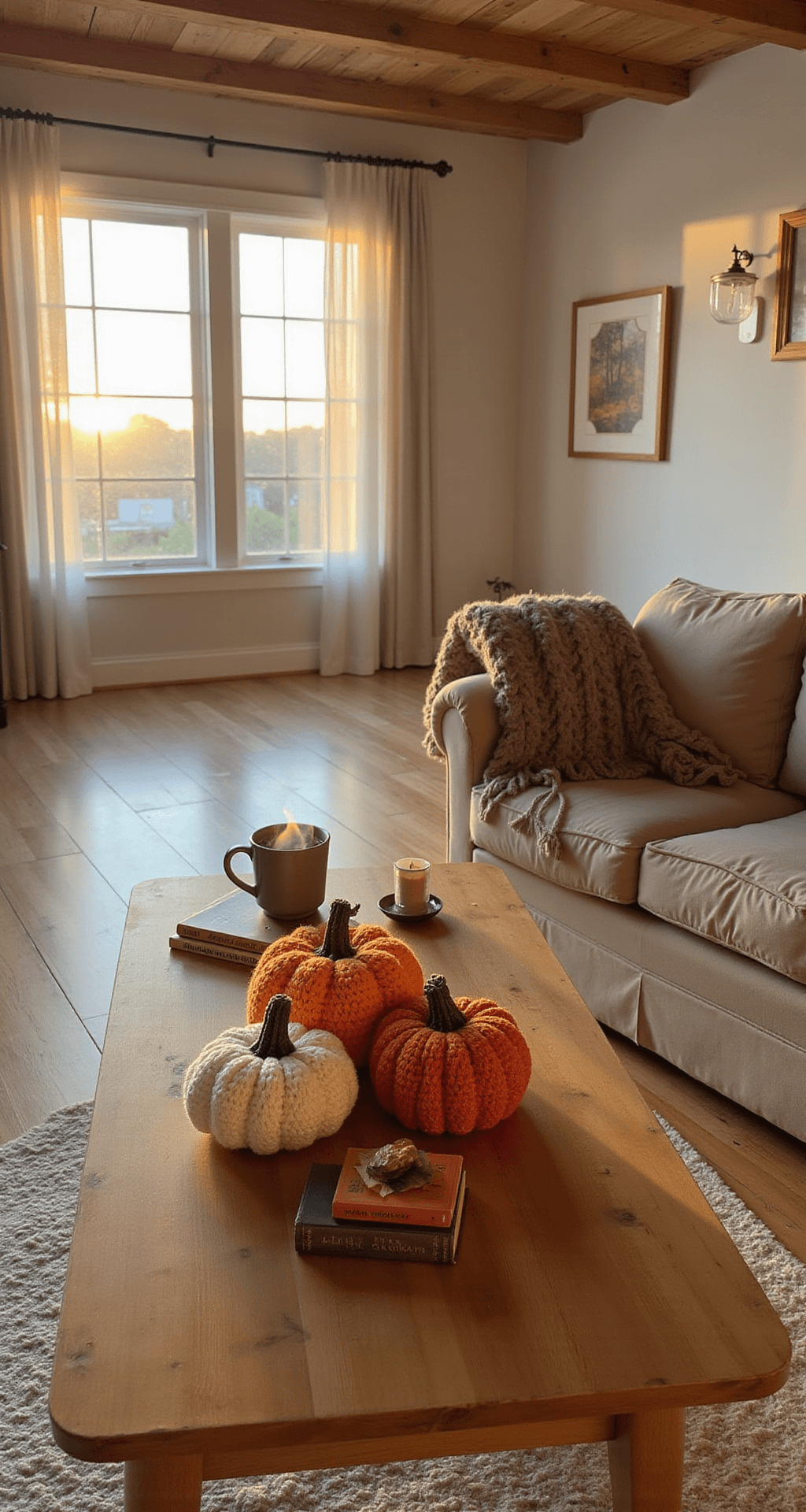 Crochet Fall Decor That'll Make Your Home the Coziest Place on Earth Cozy autumn living room vignette featuring a wooden coffee table styled with handmade crochet pumpkins, a steaming coffee mug, and vintage books, all bathed in warm golden morning light from sheer curtains, with a beige sectional sofa and honey oak hardwood floors in the background.