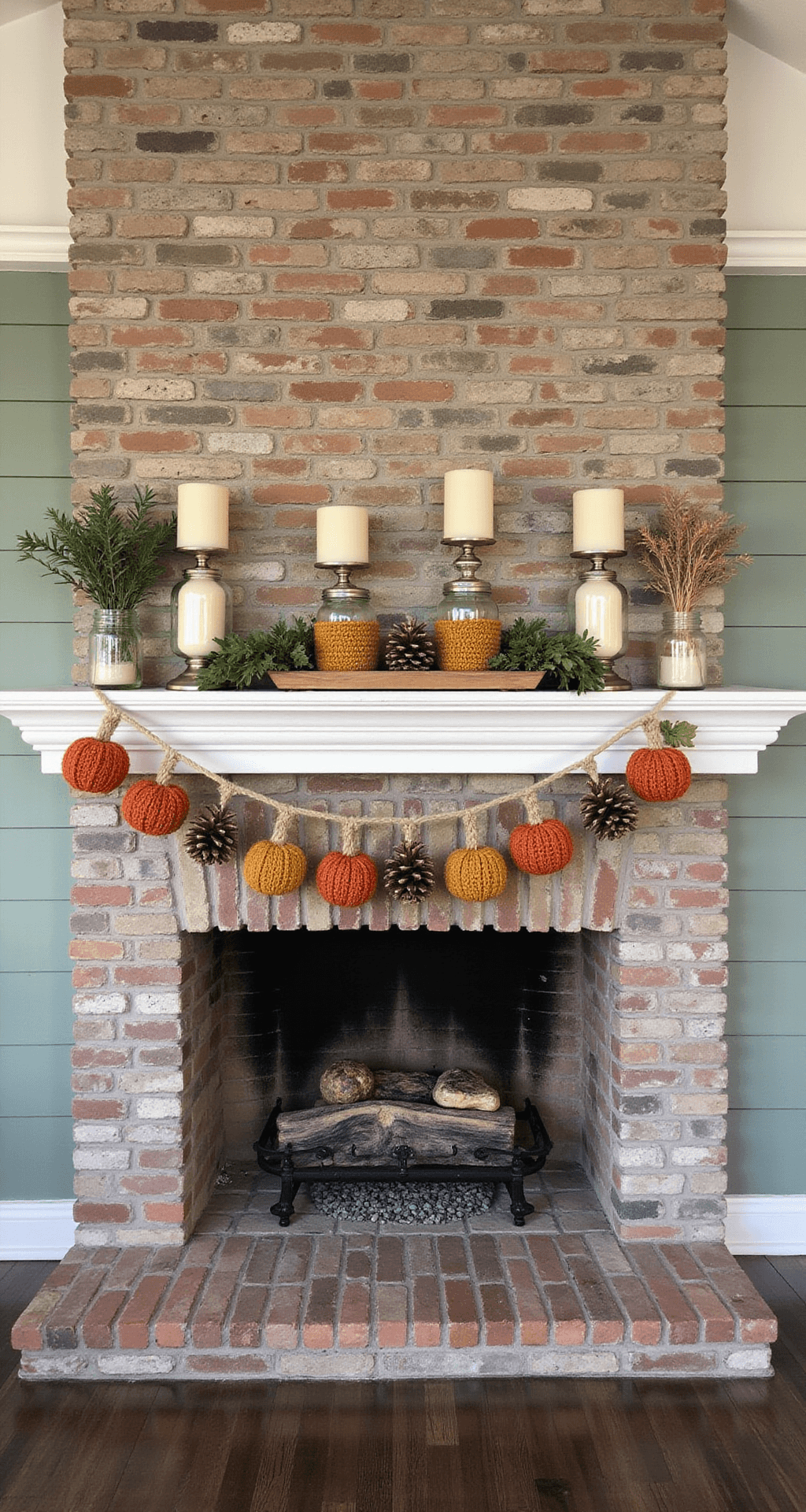 Crochet Fall Decor That'll Make Your Home the Coziest Place on Earth A rustic farmhouse mantelpiece adorned for fall, featuring a white-painted wood mantel above a stone fireplace, decorated with a crochet garland of burnt orange pumpkins and terracotta leaves, cream pillar candles, pinecones, and dried eucalyptus. A weathered wooden tray holds mustard yellow crochet-wrapped mason jars, with an exposed brick surround and sage green shiplap wall, all captured in soft natural light.