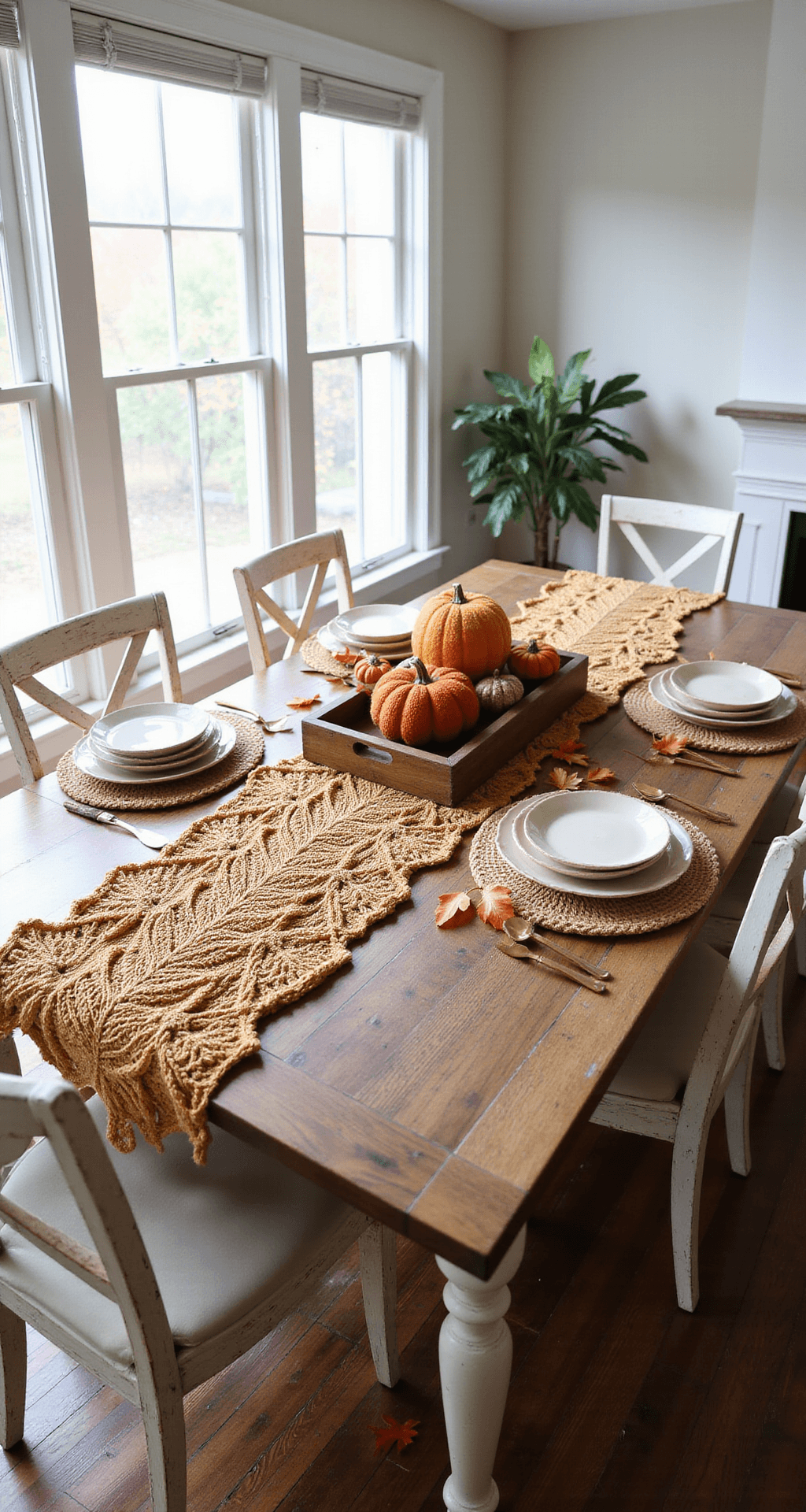 Crochet Fall Decor That'll Make Your Home the Coziest Place on Earth Elegant dining room table setting in morning light, featuring a reclaimed oak farmhouse table with a crochet leaf motif runner, cream ceramic plates, vintage brass flatware, and a centerpiece of crochet pumpkins and mini pumpkins, surrounded by distressed white ladder-back chairs and dark walnut floors.