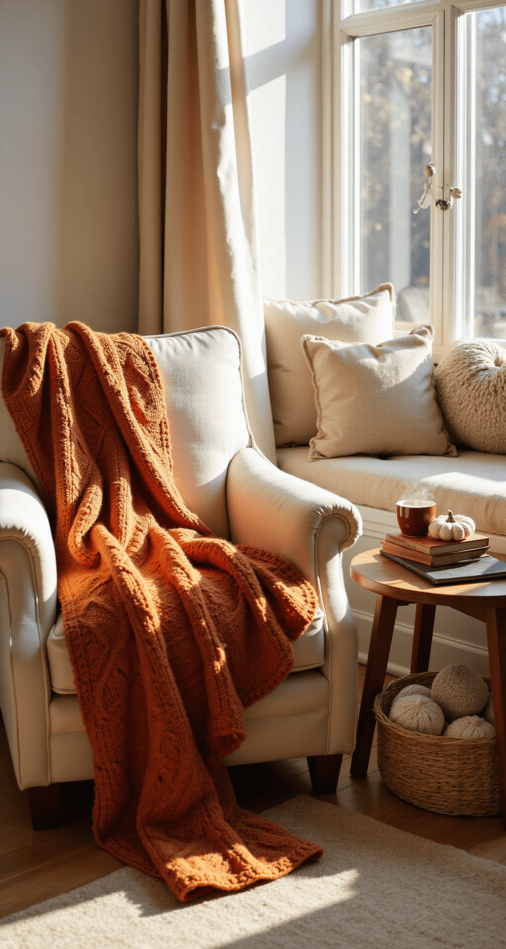 Crochet Fall Decor That'll Make Your Home the Coziest Place on Earth A cozy reading nook bathed in golden afternoon light, featuring a cream linen armchair draped with a burnt orange crochet throw, a dark walnut side table with a steaming tea mug and fall-themed books, and a woven basket of blankets and pillows, all complemented by sheer linen curtains and warm white walls.