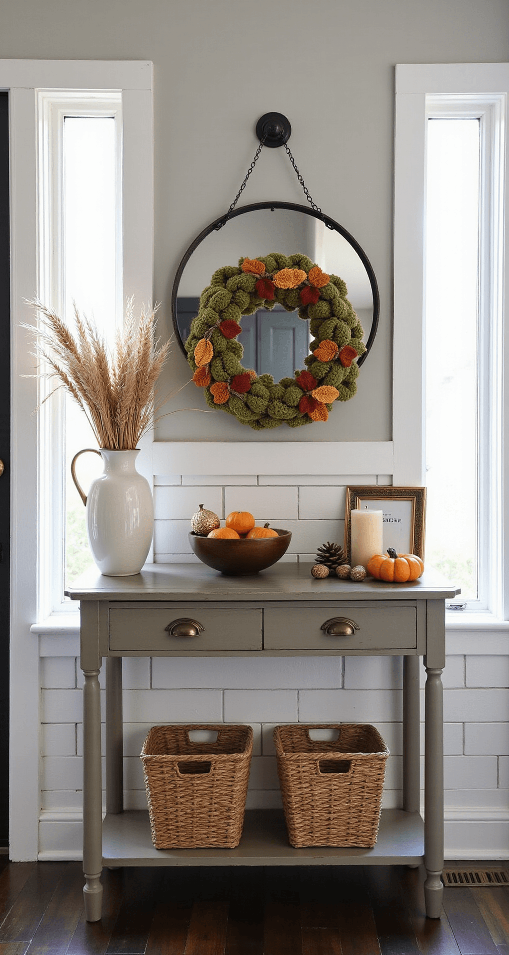 Crochet Fall Decor That'll Make Your Home the Coziest Place on Earth A bright and welcoming entryway featuring a weathered gray console table styled with a tall vase of dried wheat, a wooden bowl of crochet acorns and pinecones, a brass picture frame, and a cream candle, all beneath a large round black mirror. A handmade crochet wreath in moss green with autumn leaves and mini pumpkins hangs on a dark wood door. Two woven baskets underneath the table add seasonal charm, set against soft gray walls and dark hardwood floors.