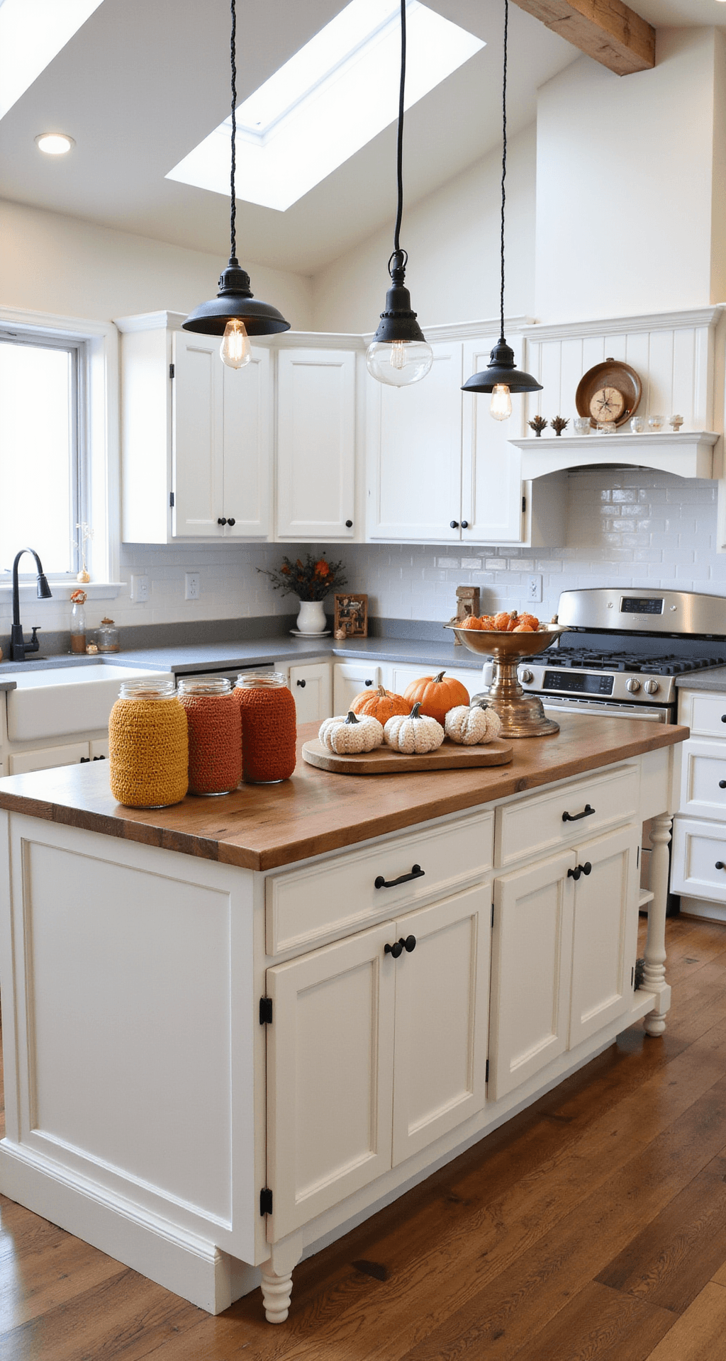 Crochet Fall Decor That'll Make Your Home the Coziest Place on Earth A bright fall-themed kitchen island featuring white shaker cabinets and a butcher block countertop, adorned with mason jars in mustard, rust, and cream crochet covers, surrounded by mini pumpkins and handmade crochet pumpkins. A vintage brass scale displays crochet coasters shaped like leaves, with white subway tile, stainless steel appliances, and pendant lights casting warm light over the inviting scene.