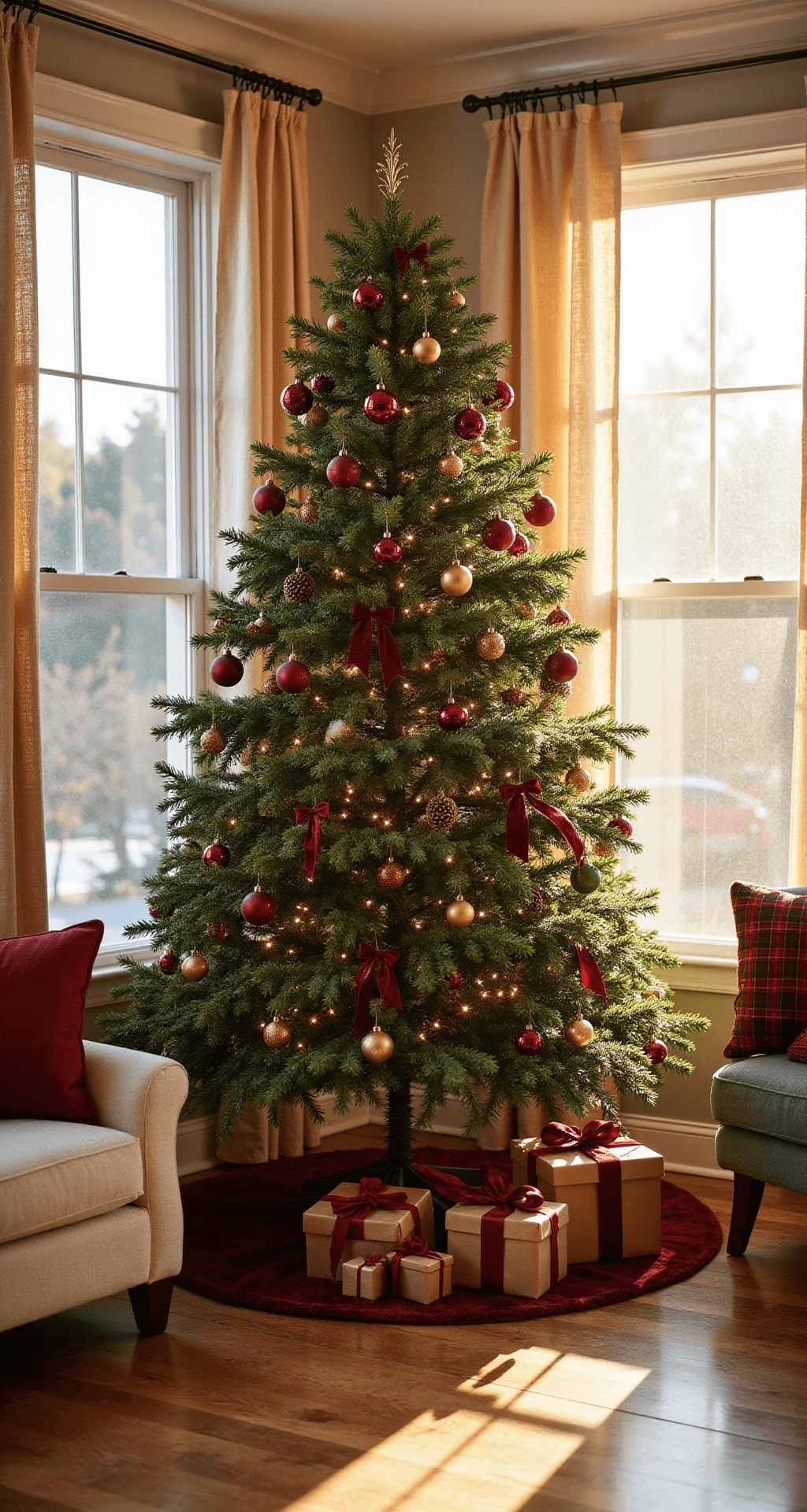 Traditional Christmas Tree Decor: Your Complete Guide to Creating a Timeless Holiday Centerpiece A cozy formal living room at golden hour, featuring a decorated Fraser fir Christmas tree between two tall windows, with warm sunlight illuminating the space, a cream sectional sofa, and wrapped gifts beneath the tree.