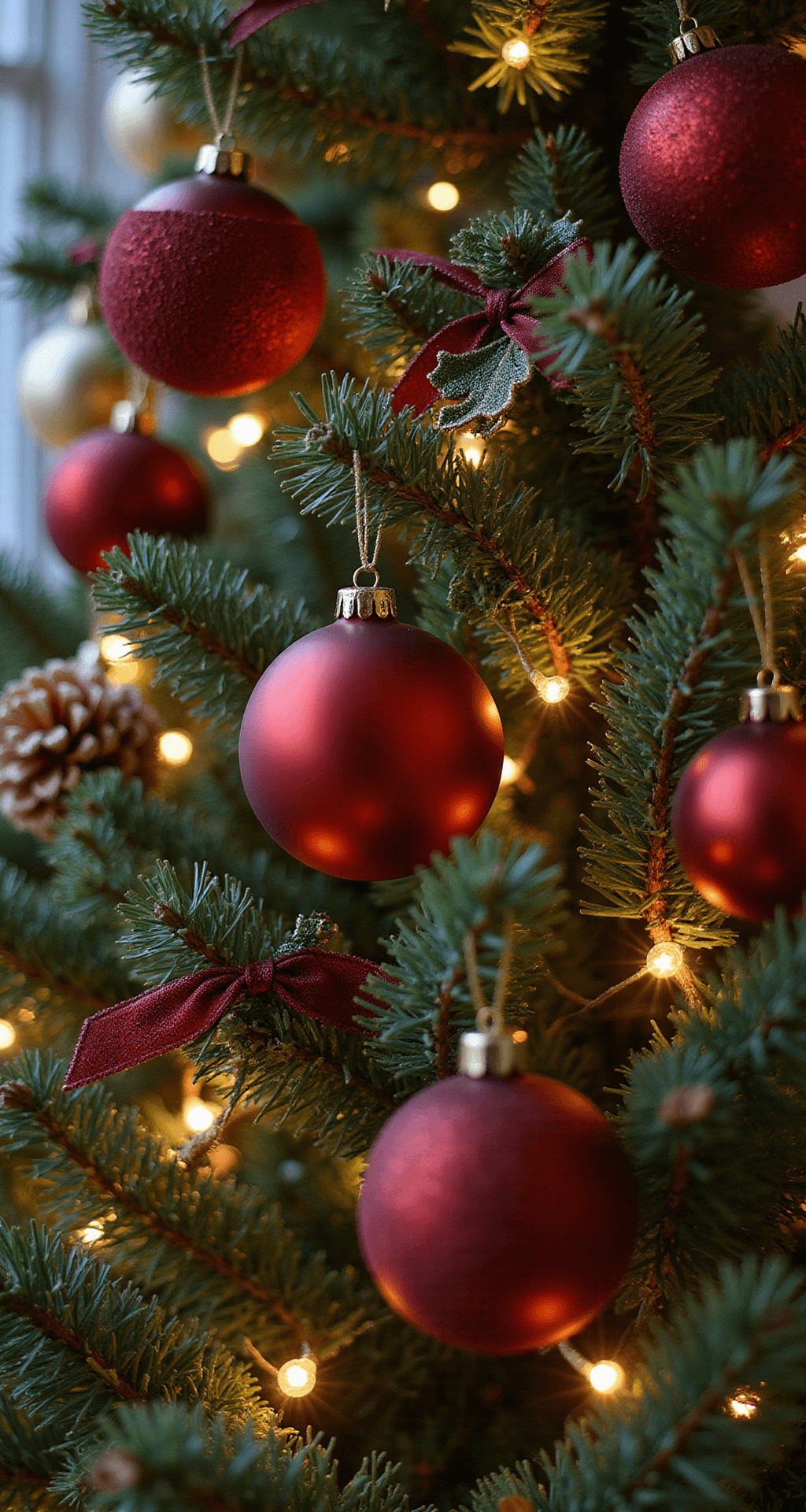 Traditional Christmas Tree Decor: Your Complete Guide to Creating a Timeless Holiday Centerpiece Photorealistic close-up of red and gold Christmas tree ornaments clustered on Fraser fir branches, with warm white LED lights creating a glowing effect, burgundy velvet ribbons, and natural elements like pinecones and holly berries, captured at ornament level with a macro lens.