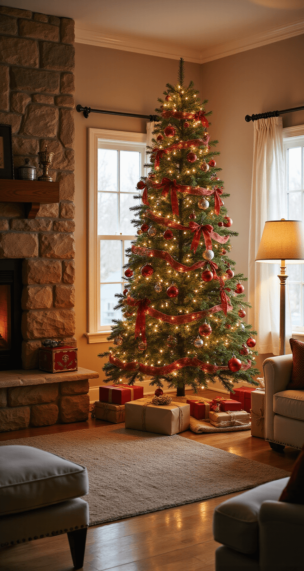 Traditional Christmas Tree Decor: Your Complete Guide to Creating a Timeless Holiday Centerpiece Photorealistic wide-angle shot of a cozy living room at dusk, featuring a beautifully decorated 7-foot Christmas tree in the corner, a stone fireplace with a lit fire, cream-colored furniture arranged for conversation, and warm layered ambient lighting.