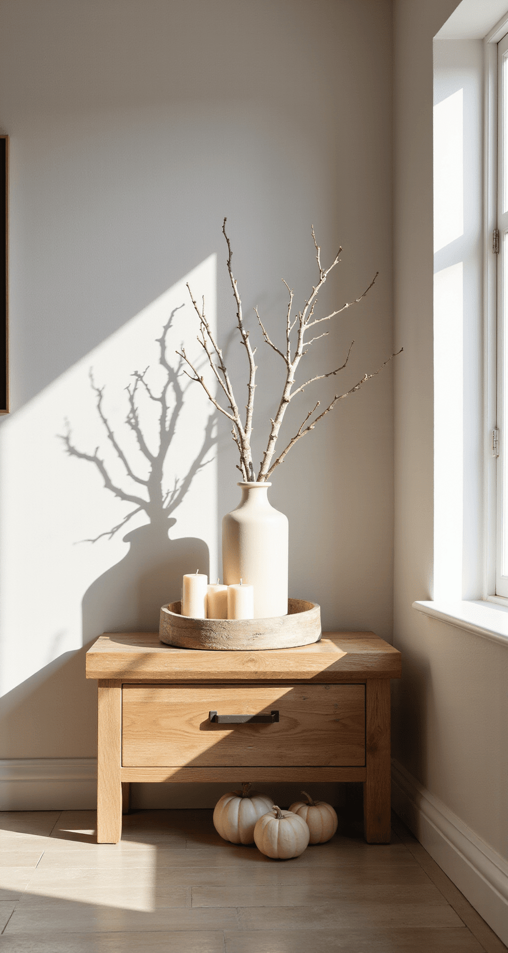 Minimalist Fall Decor: How I Finally Cracked the Code to Cozy Without the Clutter A sunlit minimalist living room featuring an oak console table with a cream vase of birch branches, a wooden tray with ivory candles, and white pumpkins, set against warm greige walls and wide-plank white oak floors, evoking a serene atmosphere.