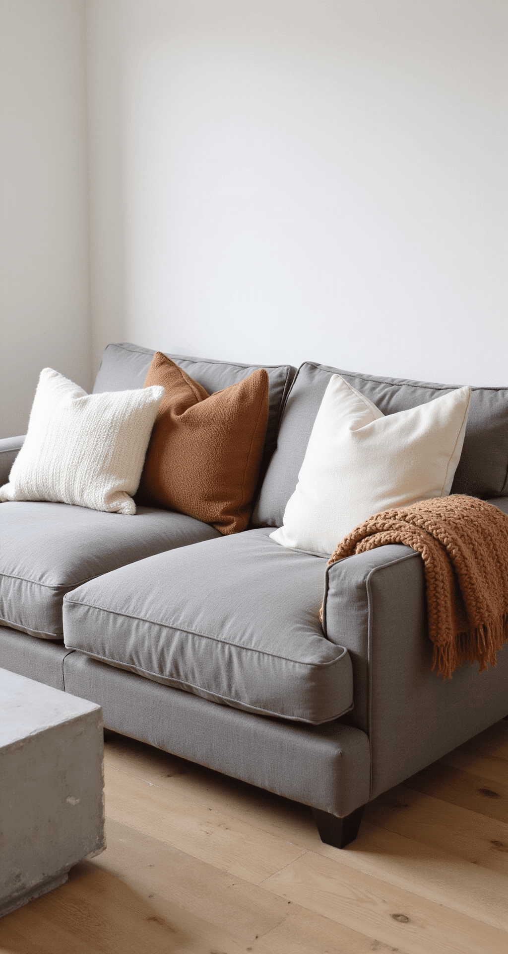 Minimalist Fall Decor: How I Finally Cracked the Code to Cozy Without the Clutter A cozy minimalist living room scene featuring a medium gray linen sofa with four pillows and a camel-colored wool throw, captured in soft afternoon light with a warm white wall and pale oak flooring.