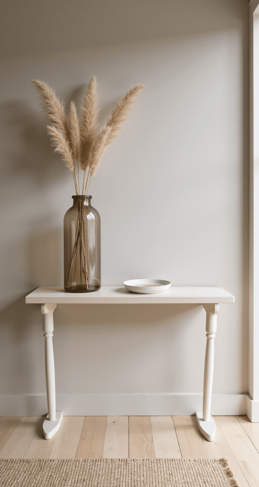Minimalist Fall Decor: How I Finally Cracked the Code to Cozy Without the Clutter A minimalist entryway featuring a white oak console table against a warm greige wall, adorned with a glass vase of dried pampas grass on the left and a matte warm white ceramic dish for keys on the right, all bathed in soft morning light.