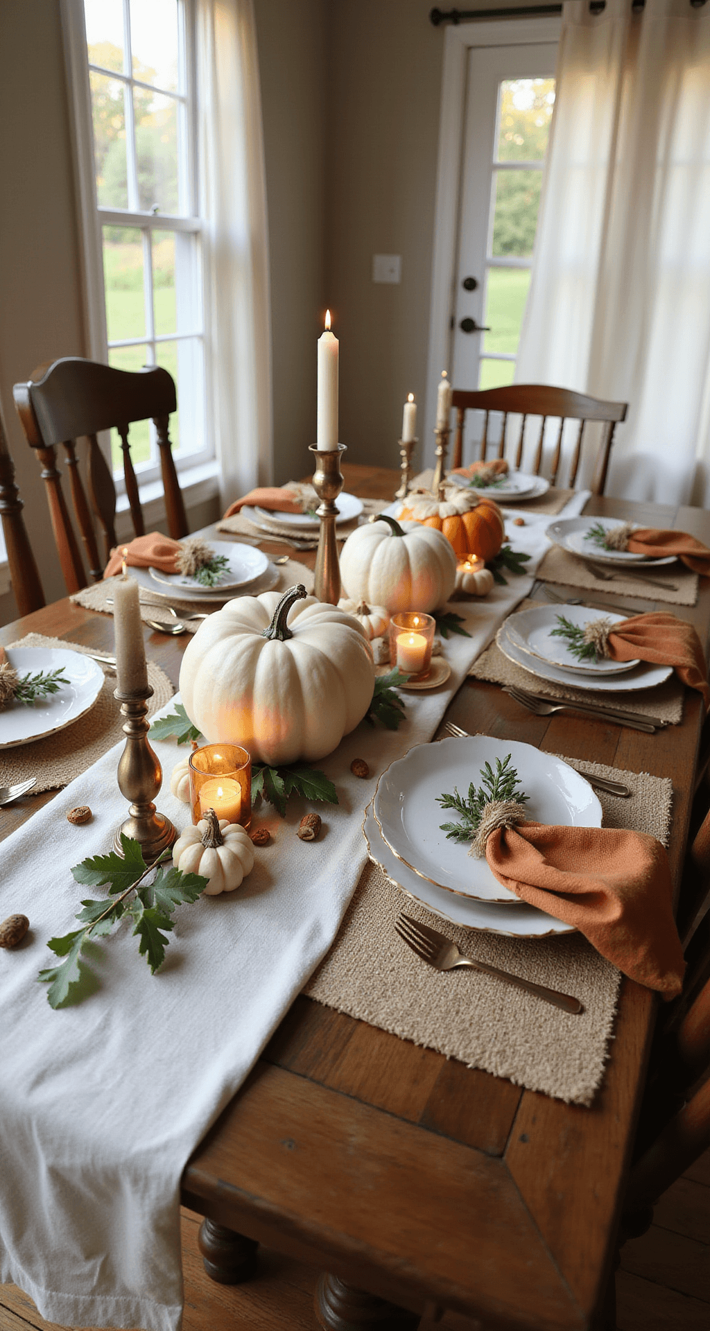Fall Dining Room Table Decor: Transform Your Space in Under 2 Hours A wide-angle shot of a warm and inviting rustic-modern dining room, featuring a dark walnut table adorned with pumpkins and candleholders, illuminated by golden hour light streaming through sheer curtains.