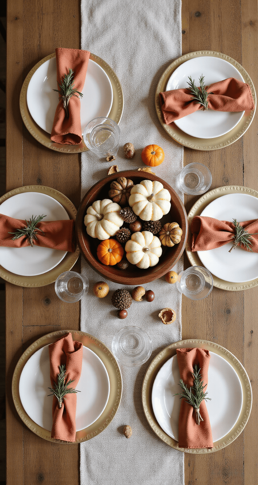 Fall Dining Room Table Decor: Transform Your Space in Under 2 Hours A high overhead shot of a styled fall dining table featuring a textured oatmeal linen runner, cream dinner plates on hammered gold chargers, rust-colored napkins, and crystal glasses, with a centerpiece of a wooden bowl filled with pumpkins, mini gourds, pinecones, and acorns. Dried orange slices and rosemary sprigs add detail. The scene is warmly lit by natural light, highlighting a cozy autumnal color palette.