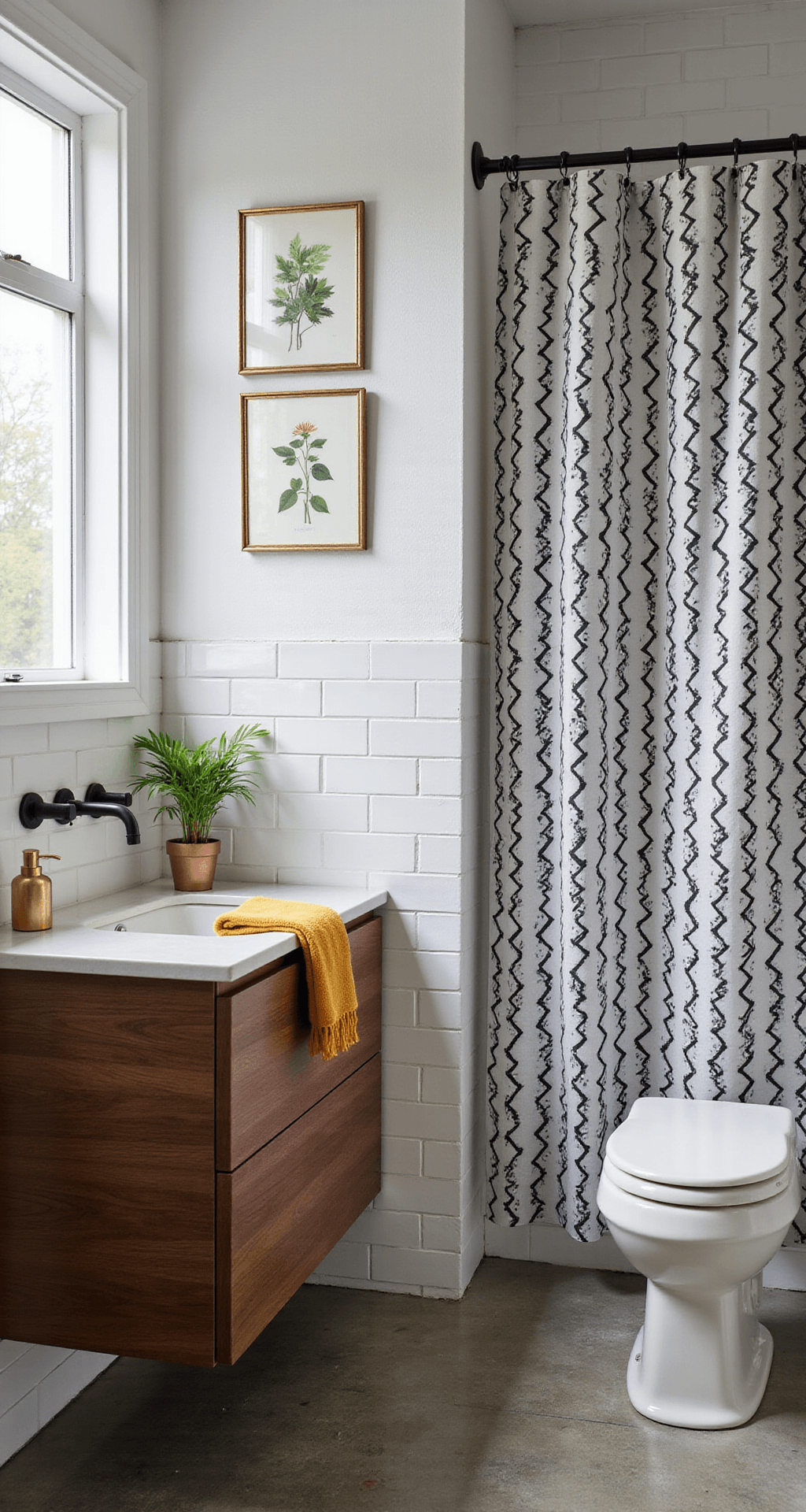 Fun Bathroom Decor That'll Make Your Guests Do a Double-Take Photorealistic interior of a compact powder room featuring a bold black and white geometric striped shower curtain, a walnut wood floating vanity with a brass soap dispenser, a small pothos plant, and a rolled mustard yellow towel, all illuminated by mid-morning light through a frosted glass window, with vintage botanical prints on the wall and polished concrete floors.
