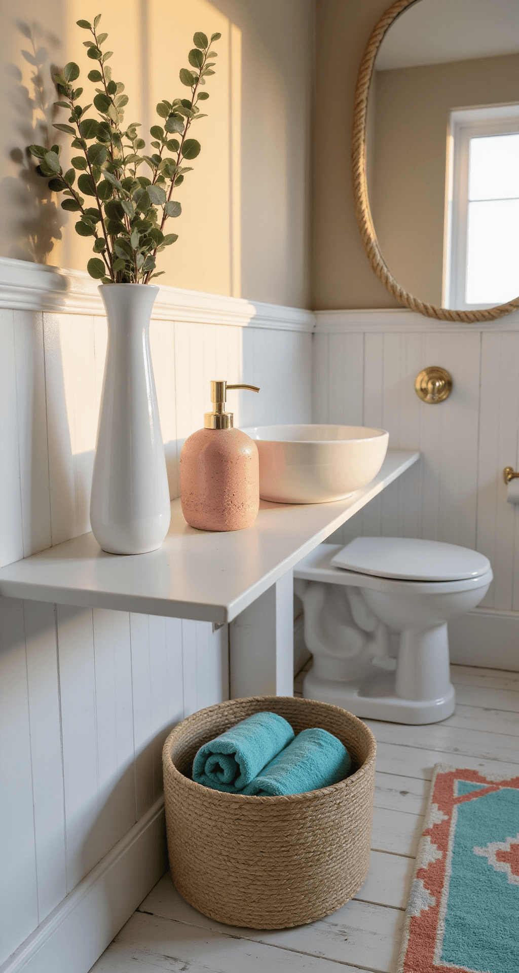 Fun Bathroom Decor That'll Make Your Guests Do a Double-Take Photorealistic coastal-themed bathroom vignette with asymmetric floating shelf styled with a white vase of eucalyptus, coral soap dispenser, and seagrass basket of turquoise towels. Sandy beige shiplap walls, white trim, geometric turquoise and coral bath mat on wood floors, brass fixtures, and blurred background of a pedestal sink and rope-framed mirror, all illuminated by golden hour light.