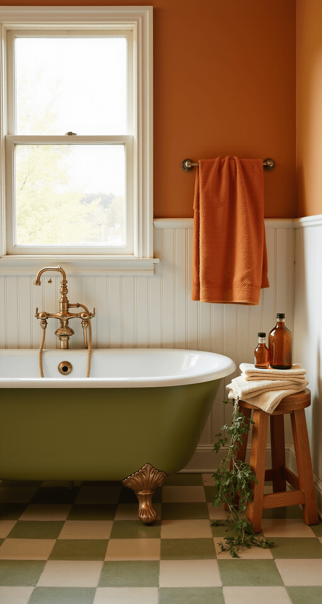 Fun Bathroom Decor That'll Make Your Guests Do a Double-Take Photorealistic retro-inspired bathroom featuring a clawfoot tub, burnt orange Turkish towels, and avocado green accents, with a warm golden atmosphere from afternoon light filtering through sheer curtains.